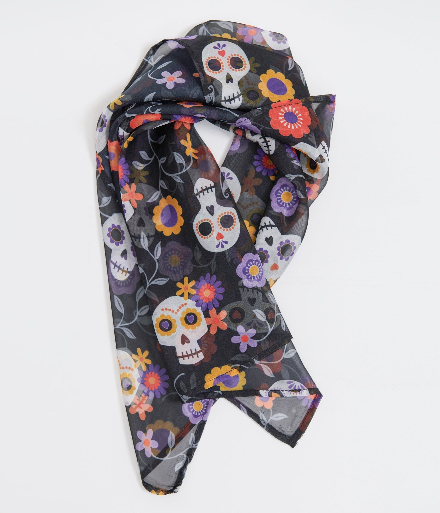 Vintage 1950s Sugar Skull Hair Scarf - Day of the Dead Print Bandana - Perfect for Halloween Costumes, Mexican Fiesta, and Retro Fashion Accessories