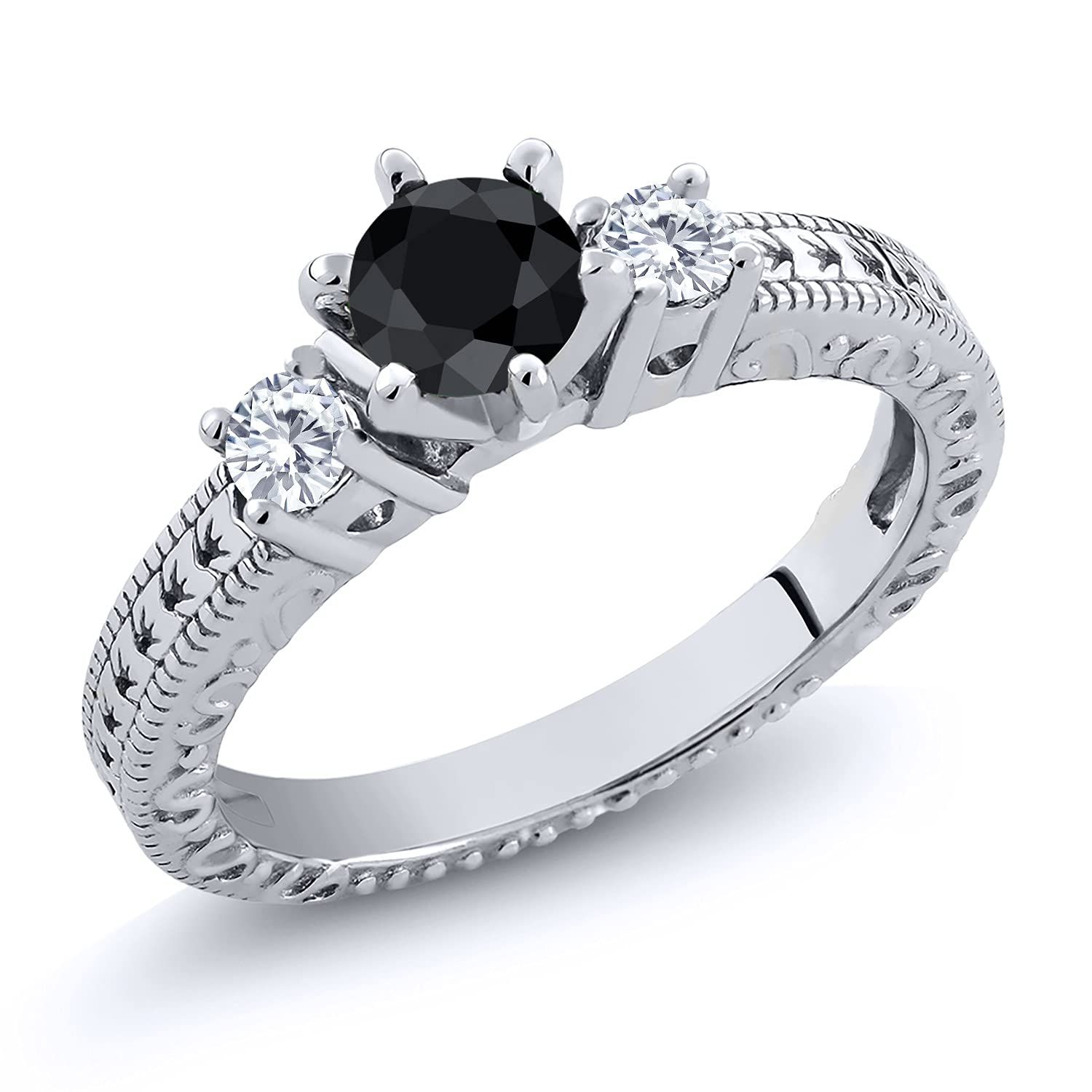 925 Sterling Silver 3-Stone Ring with Round Black Sapphire & Created Moissanite (0.89 CTTW) - Elegant Jewelry for Engagement, Wedding & Anniversary Gifts