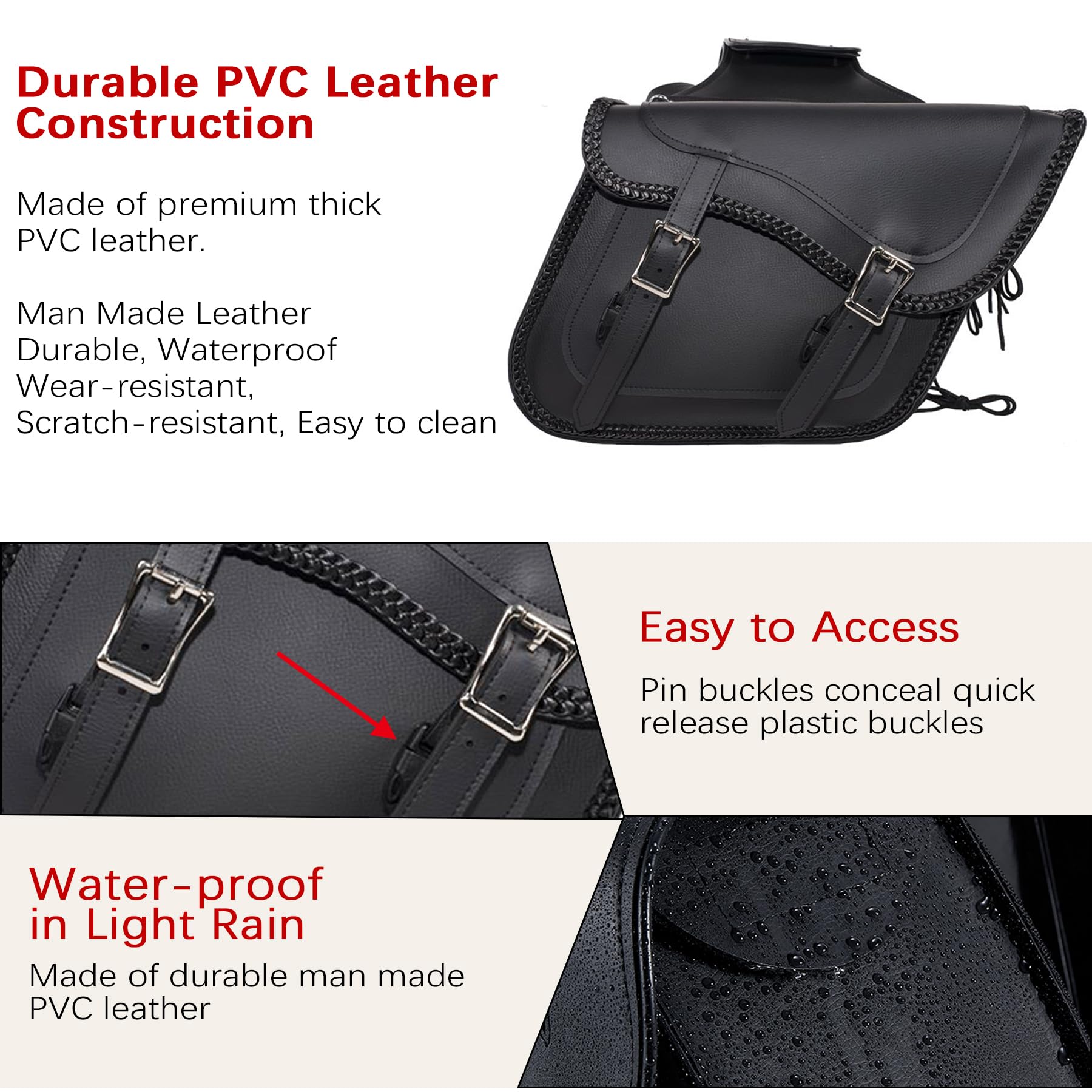 Dream Apparel Faux Leather Motorcycle Saddle Bags - Universal Throw Over Side Bags for Honda Shadow, Sportster, Softail & Dyna V-Star - Waterproof PVC Storage (Black No Studs) - Perfect for Road Trips & Daily Commuting