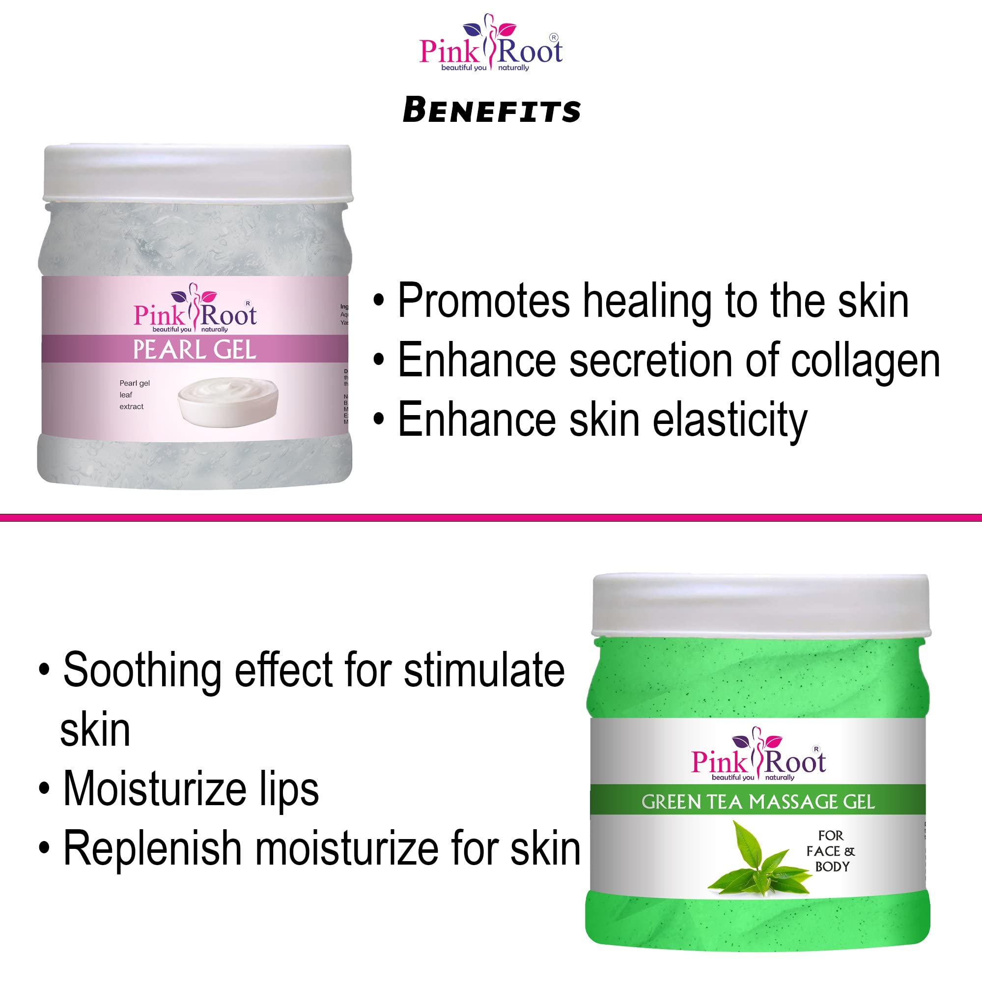 Pink Root Green Tea Massage Gel & Pearl Gel Set - 500ml Each for Relaxation & Skin Care | Spa, Home Massage & Beauty Treatment