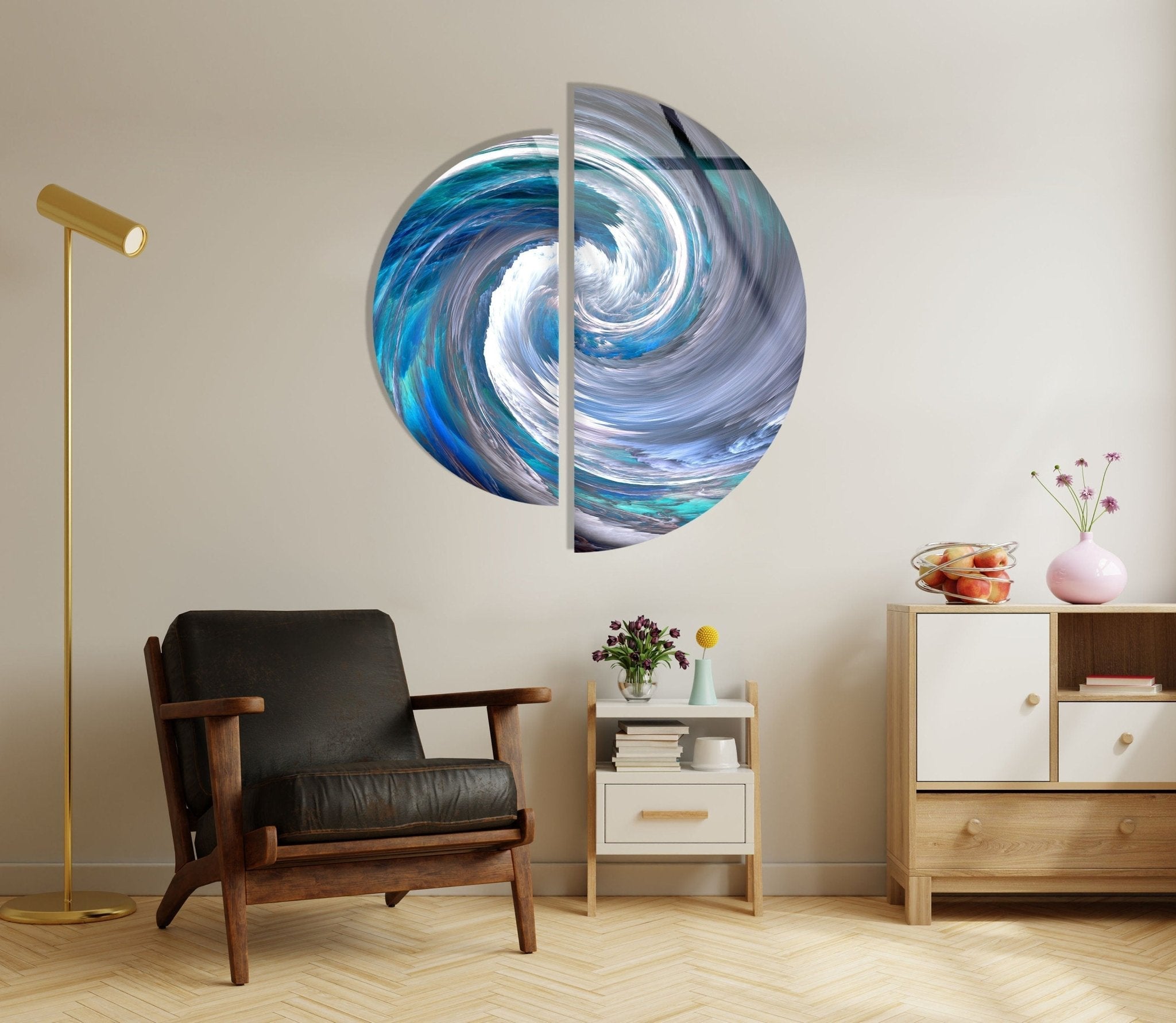 2 Piece Blue Abstract Glass Wall Art Set - Modern Home Decor for Living Room, Bedroom & Office - Handmade Glass Painting for Unique Interior Design