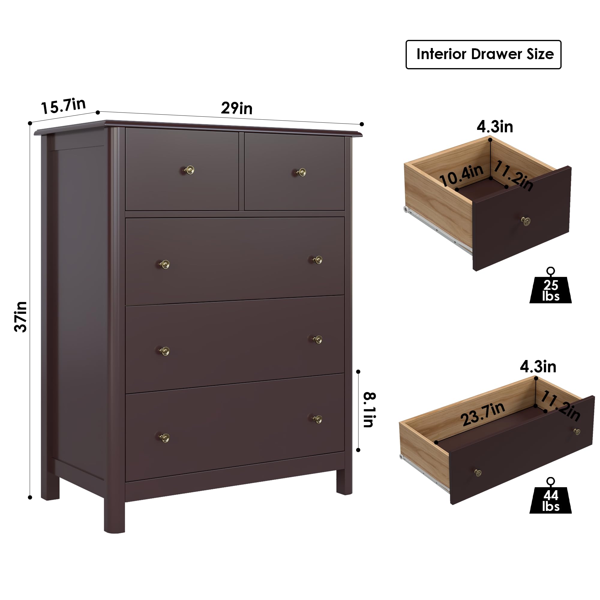 5-Drawer Tall Dresser - Deep Storage Wood Cabinet for Bedroom & Office