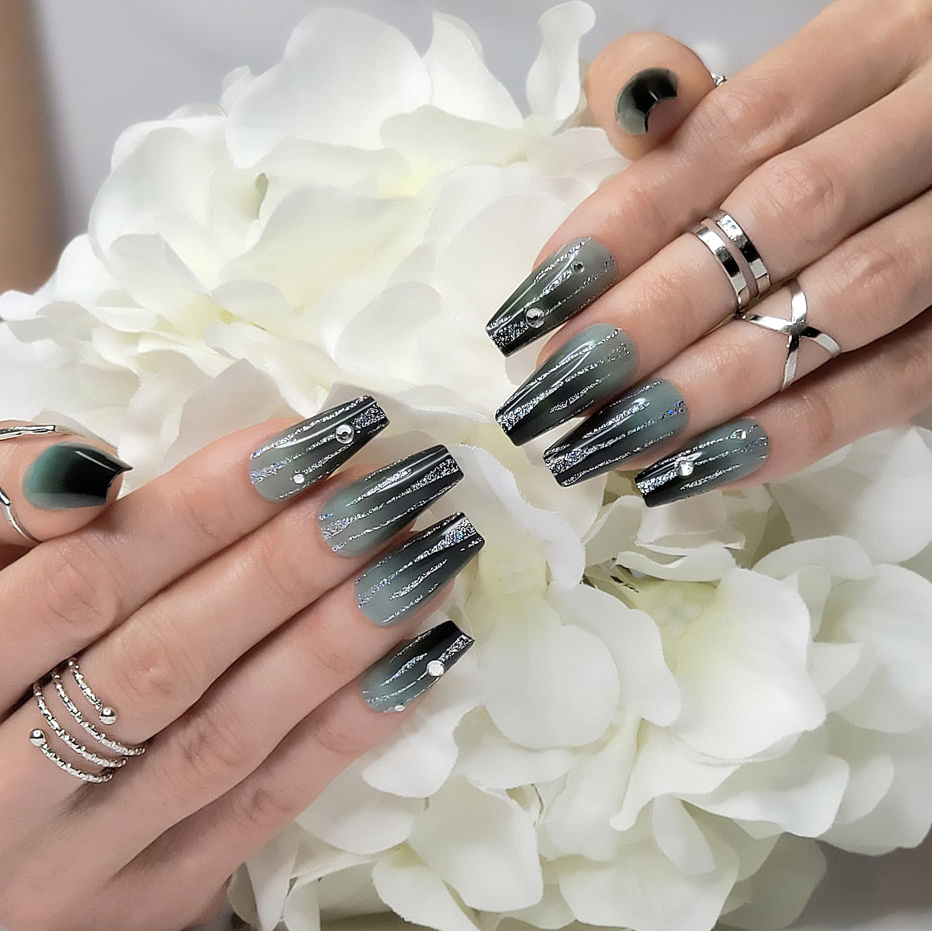 Hypnaughty 24 Pcs LUXE Black to Green Ombre Press on Nails - Glitter & Rhinestone Coffin Fake Nails with Glue - Long Luxury Acrylic Nails for Parties, Weddings & Special Occasions