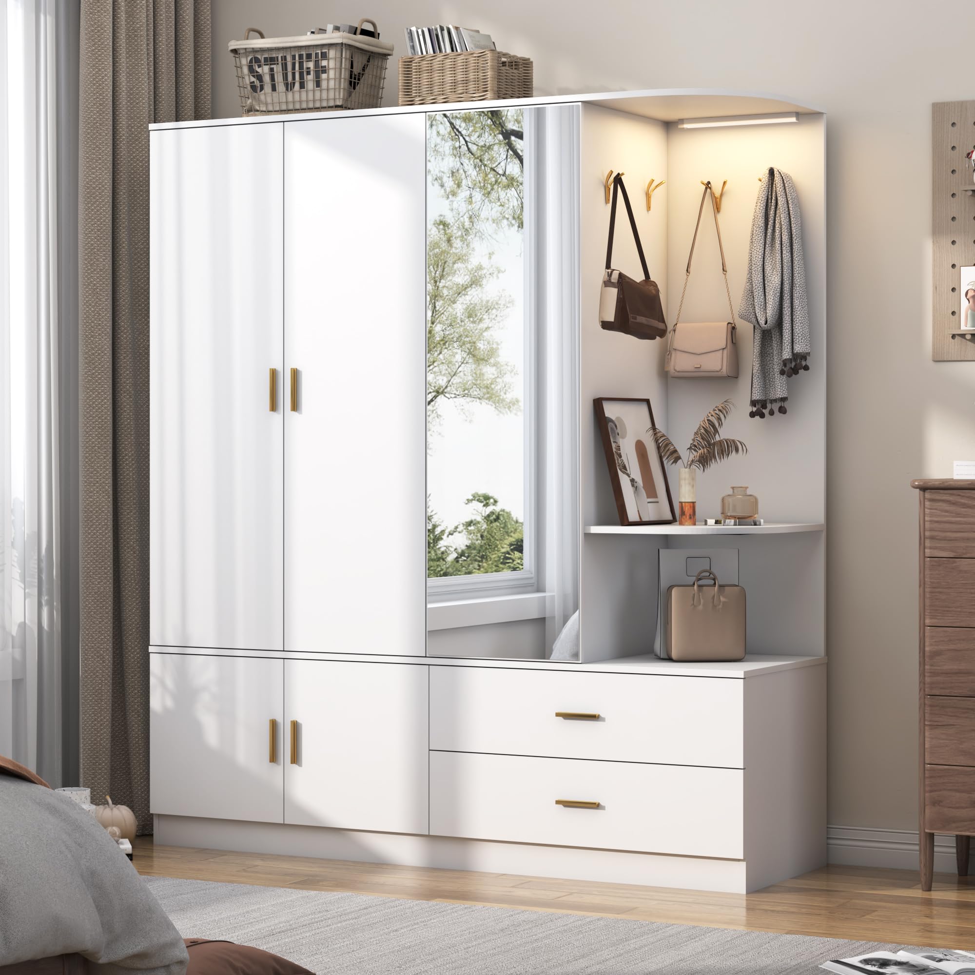 Modern White Wooden Armoire Wardrobe Closet with Mirror & Sensor Light - 5 Doors, 2 Drawers, Shelves, 4 Hooks & 2 Hanging Rods - Spacious Bedroom Storage Organizer for Clothes, Shoes & Accessories - Perfect for Master Bedroom, Guest Room or Walk-in Closet
