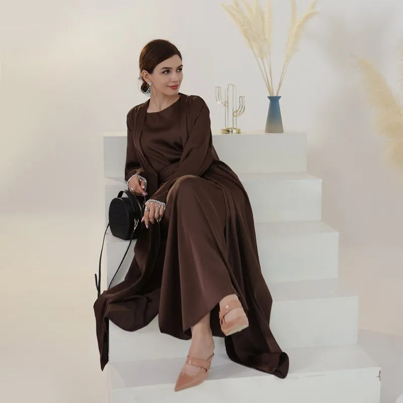 Elegant Muslim Women's Beaded Sleeve Satin Cardigan Open Abaya Dress for Eid, Wedding, Party & Special Occasions - Perfect for Islamic Celebrations, Festivals and Formal Events