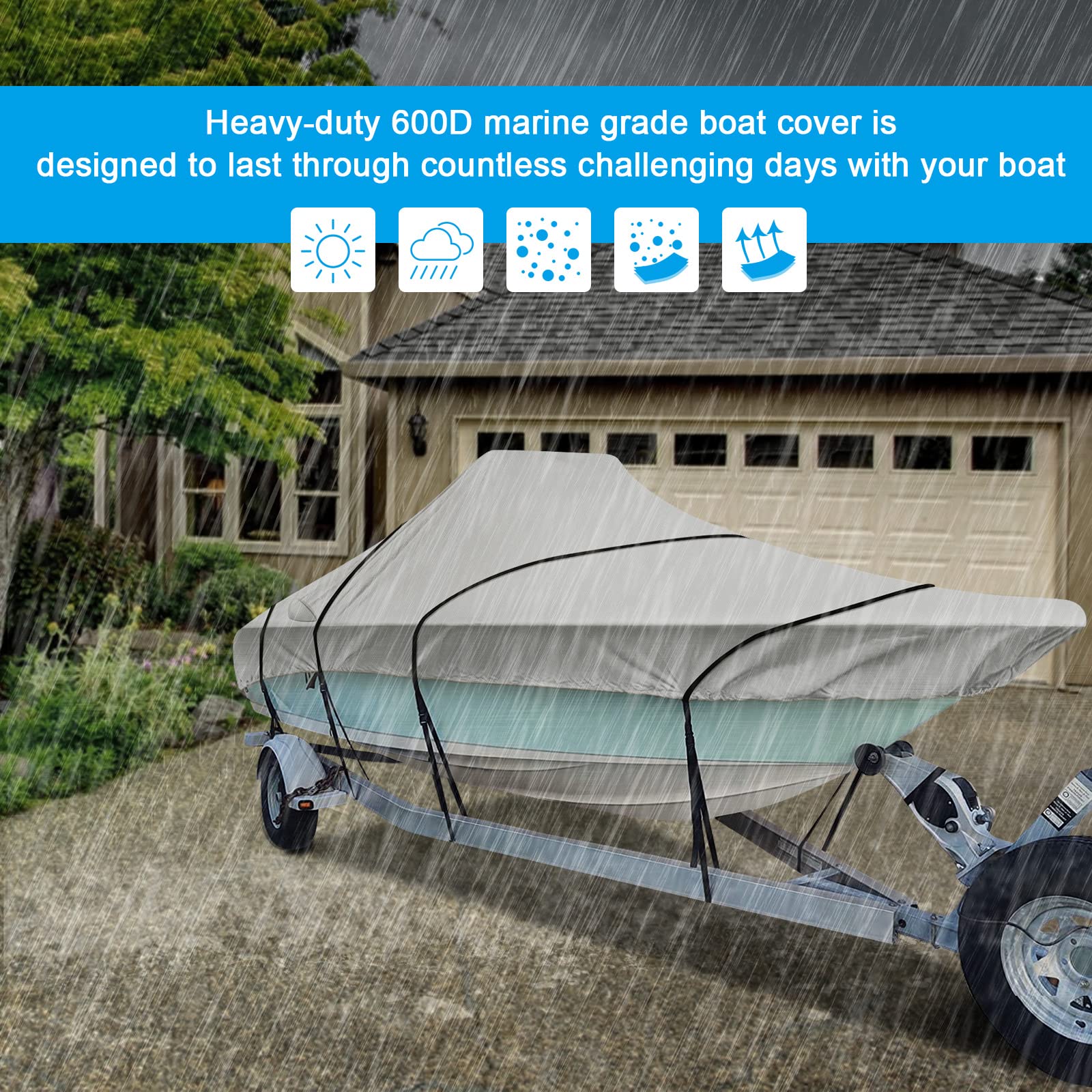 Heavy Duty 600D Trailerable Boat Cover for V-Hull Center Console Boats 22-24ft - Fits Beam Width up to 102in & Windshield Height 30in - Includes Support Pole - Waterproof UV Protection for Outdoor Storage & Towing