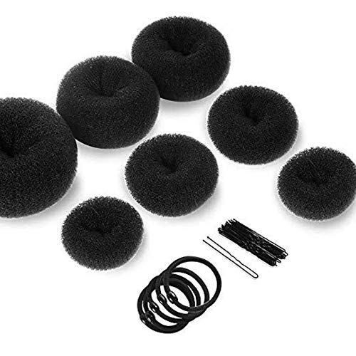 RAWAT® Hair Donut Bun Maker Combo Pack - Mix Size (Medium) with Rubber Bands & Hair Pins for Women - Black | Perfect for Updos, Ponytails & Special Occasions