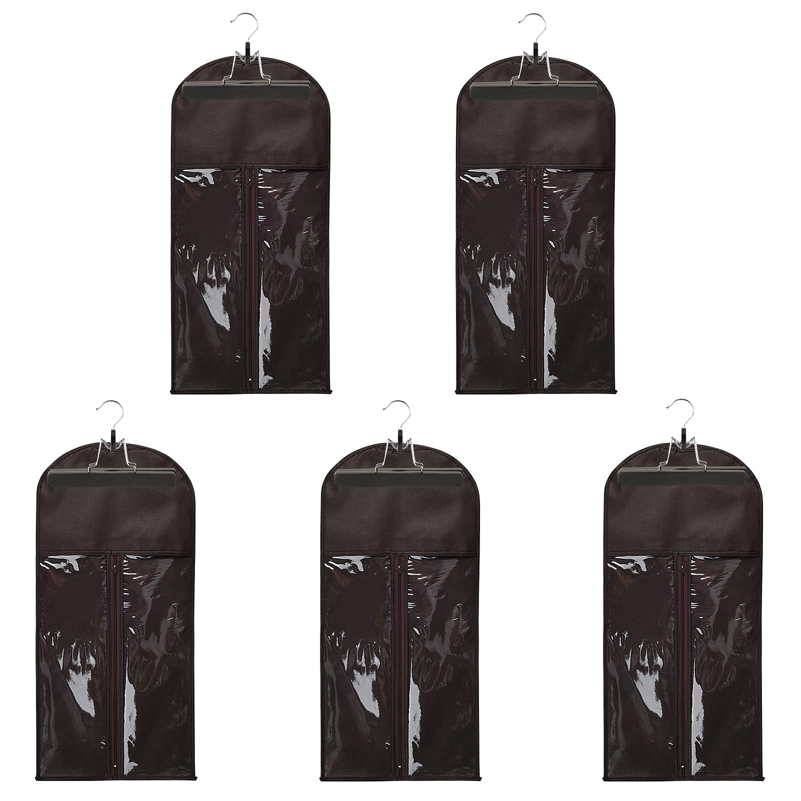 5-Piece Wig Storage Bag Set with Wooden Hangers - Professional Hair Extensions Organizer, Dust-Proof Wig Pouch Case (5 Coffee Wig Bags + 5 Black Hangers) - Perfect for Salon, Home Wig Storage & Travel