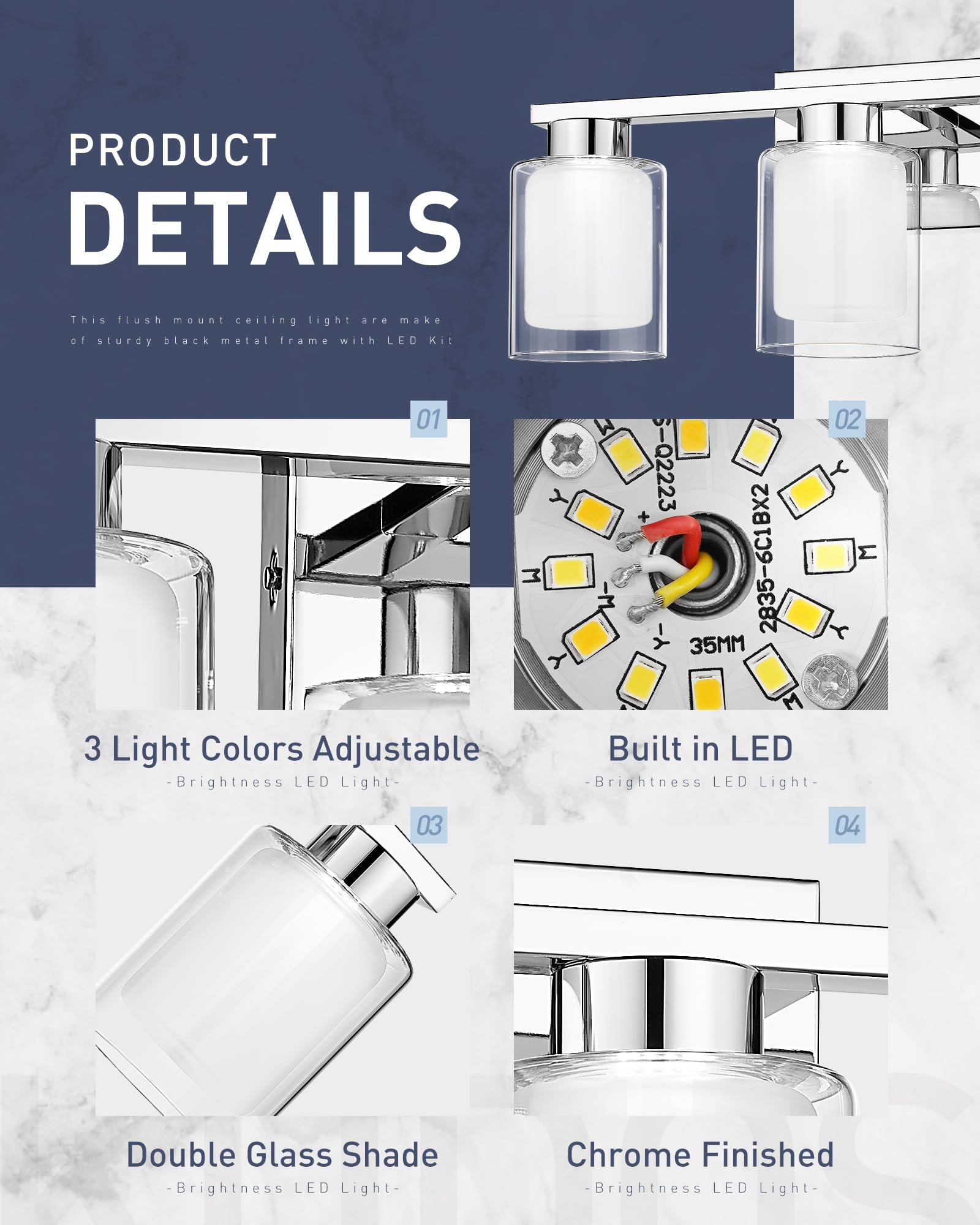 Kudos LED Vanity Lights for Bathroom - Modern Chrome 3-Light Bathroom Fixture with Clear & Frosted Glass, 3000K/4000K/5000K Adjustable Color Temperature (KDVL04-CH-3) - Perfect for Makeup, Shaving & Grooming in Modern Bathrooms