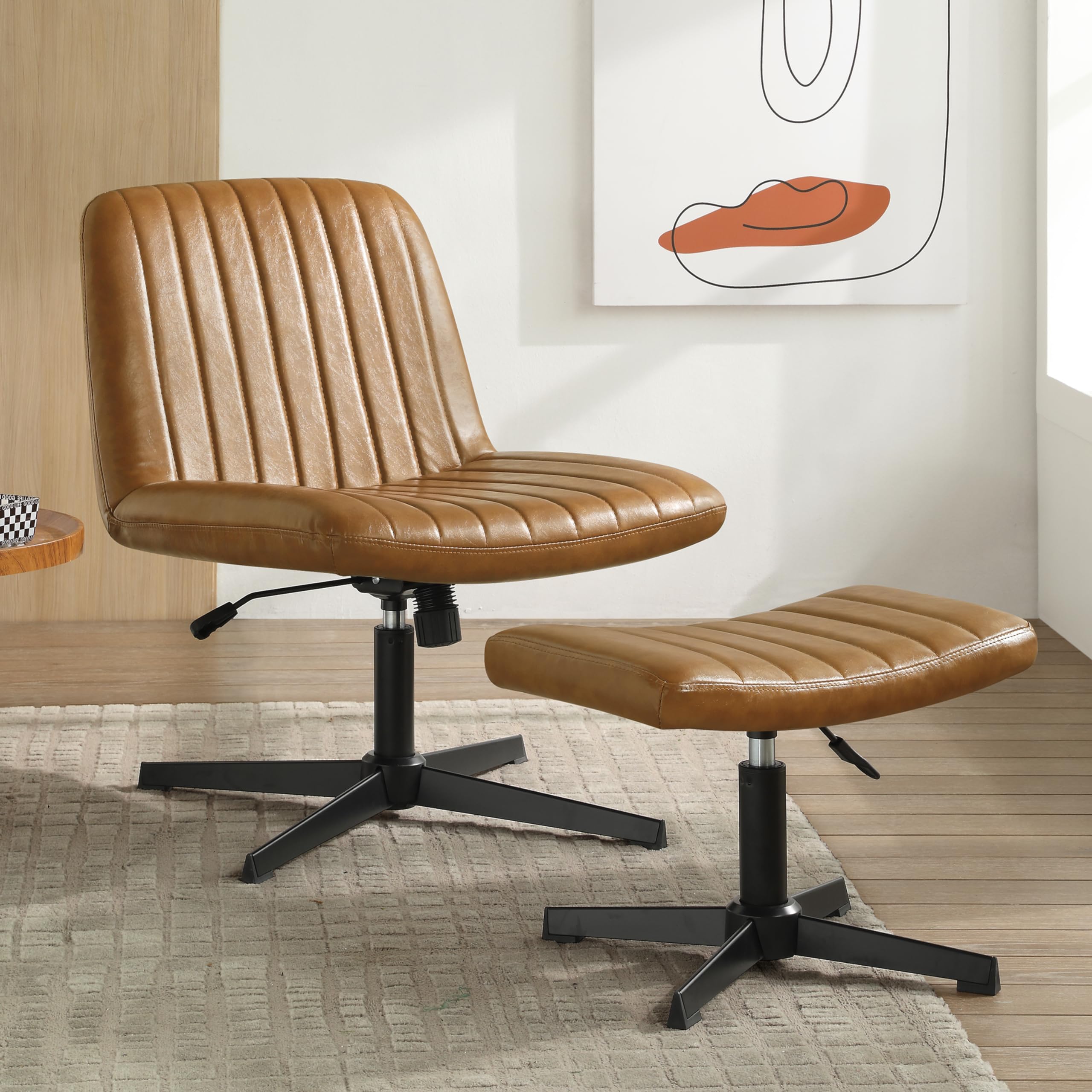 Zouron 360° Swivel Accent Chair with Ottoman - Adjustable Height PU Leather Modern Club Chair, Upholstered Leisure Chair with Black Metal Legs for Office, Bedroom & Living Room - Brown | Perfect for Home Office, Reading Nook & Lounge Areas