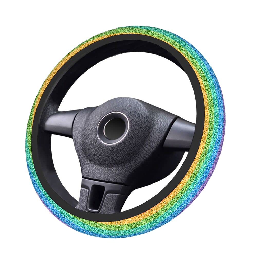 Swono Rainbow Glitter Steering Wheel Cover - Non-Slip Neoprene Car Wrap, 15 Inch, Colorful Gradient Sparkle Design for Comfort Grip & Protection | Perfect for Cars, Trucks & SUVs - Adds Style & Safety to Your Daily Commute