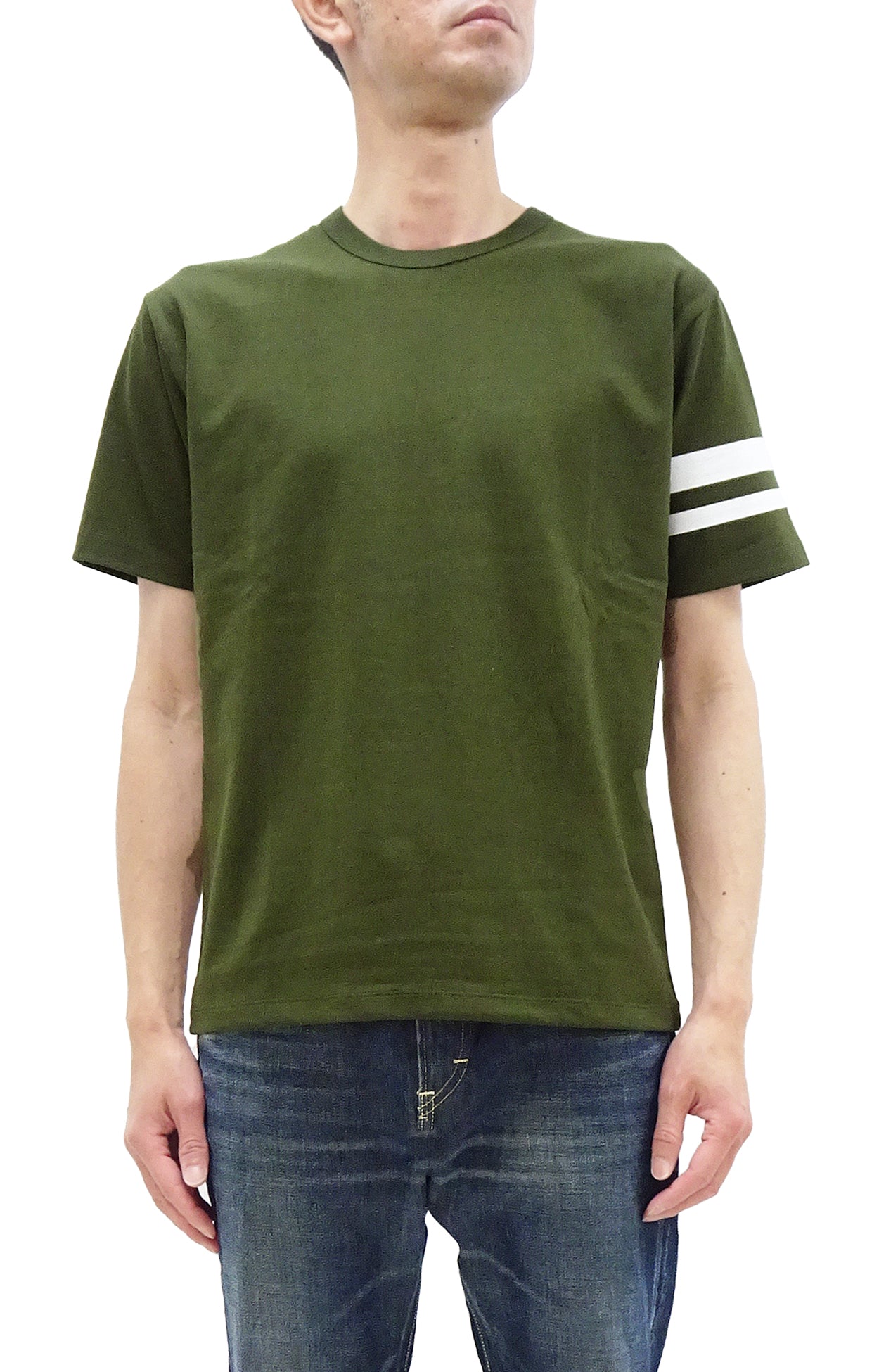 Momotaro Jeans Men's Casual Short Sleeve T-Shirt with GTB Stripes on Left Arm - Olive Green Cotton Tee for Streetwear & Everyday Comfort | MZTS0002