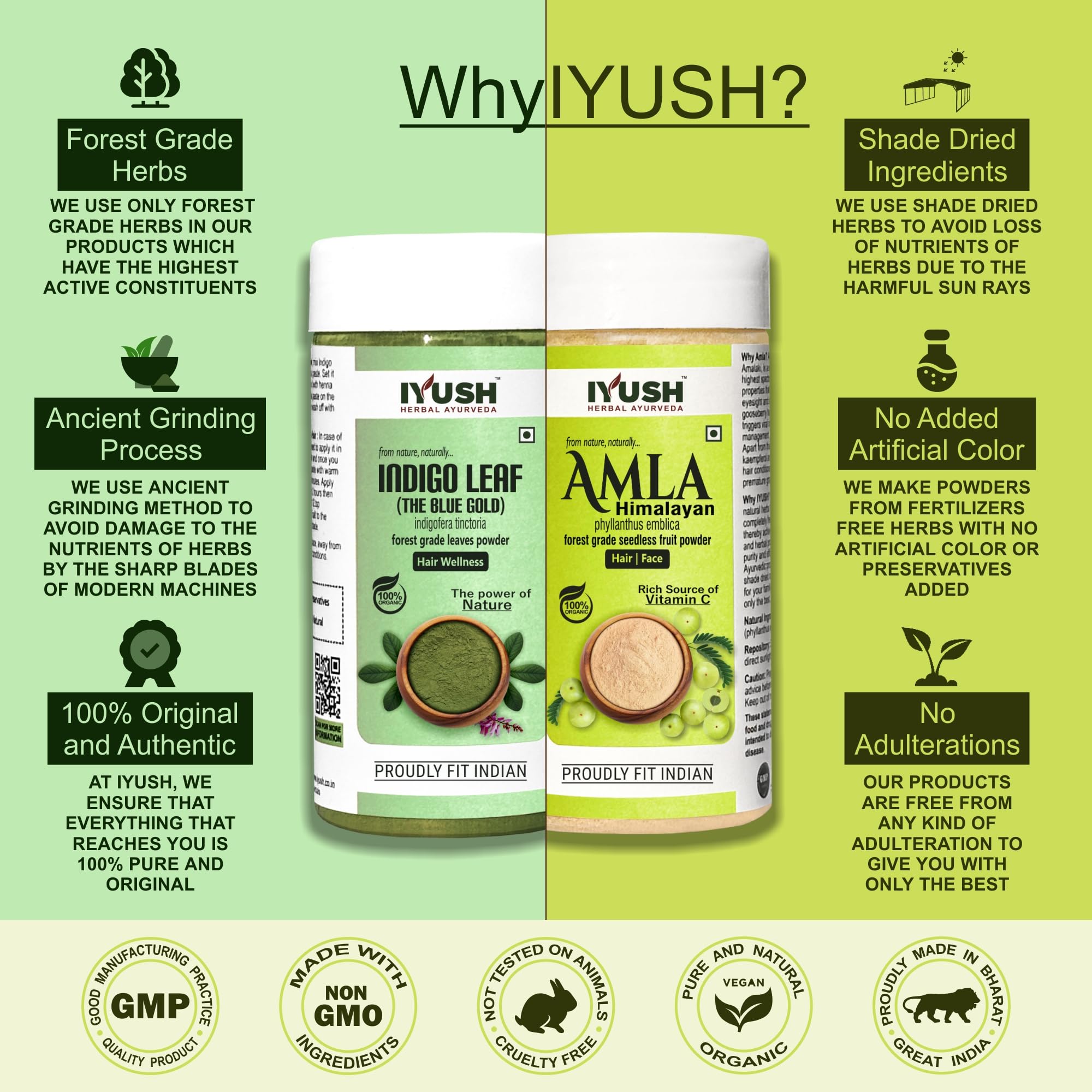 Organic IYUSH Ayurvedic Amla Powder & Indigo Powder for Natural Hair Coloring – 500g (250g Each) | Herbal Hair Dye with Gooseberry Extract | Chemical-Free Gray Coverage | Perfect for DIY Hair Coloring at Home, Salon Use & Ayurvedic Hair Treatments