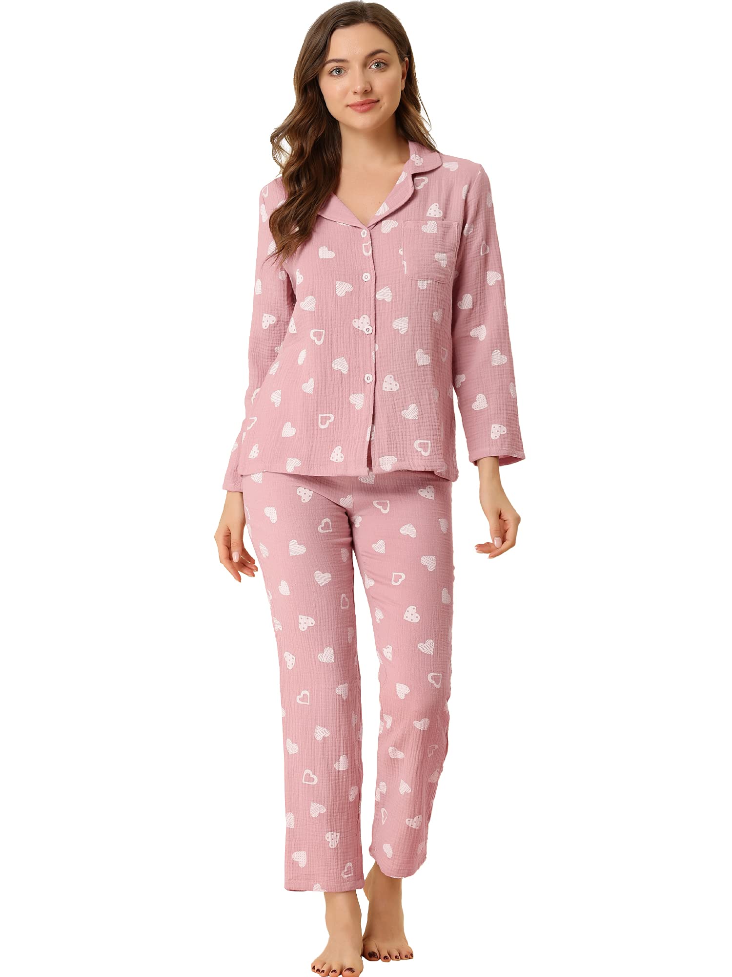 Allegra K Women's Sleepwear Set - 2 Piece Button Down Pajamas with Heart Print | Soft Lounge Nightwear for Women | Perfect for Sleepovers, Relaxing at Home & Cozy Nights