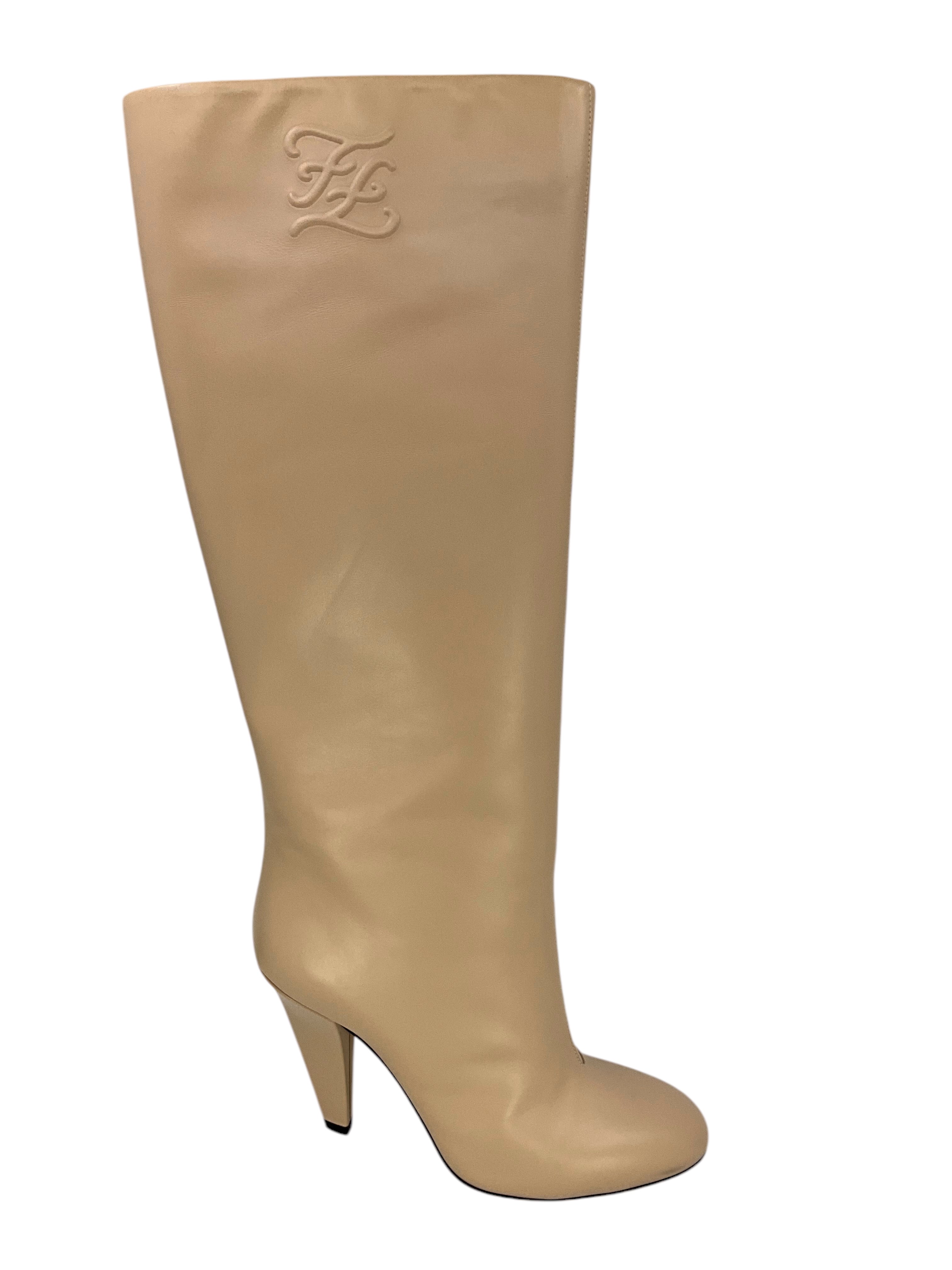 FENDI Karligraphy Embossed Logo Knee High Boots for Women | Size 9 US | Luxury Leather Fashion Boots for Fall Winter, Parties & Night Out