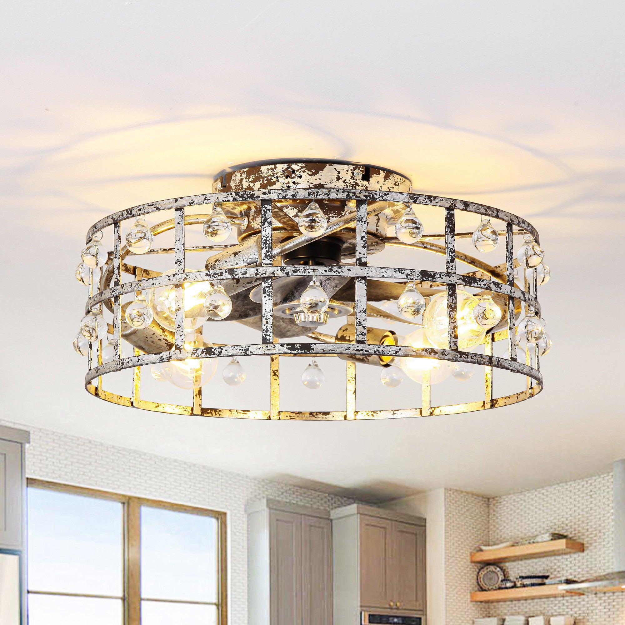 18 Inch Retro Silver Crystal Flush Mount Ceiling Fan with APP Remote Control & LED Light - Perfect for Bedroom, Living Room, and Office Spaces