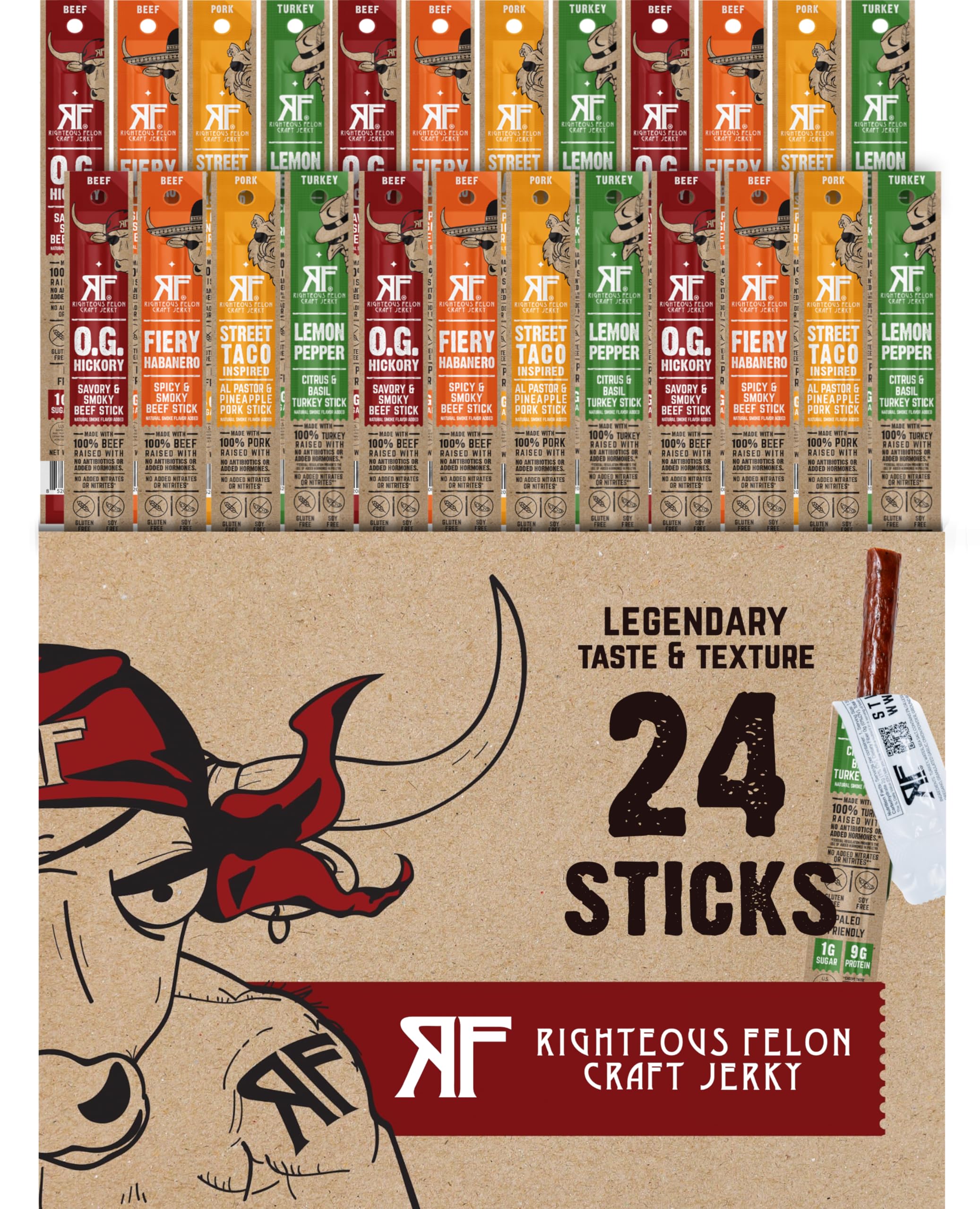Righteous Felon Meat Sticks Variety Pack - 24 Pack | Gluten Free, Keto, Low Sugar & High Protein Healthy Snacks | Turkey, Pork & Beef Jerky Sticks for Adults | Perfect for Hiking, Camping, Office Snacks & Gifts for Men