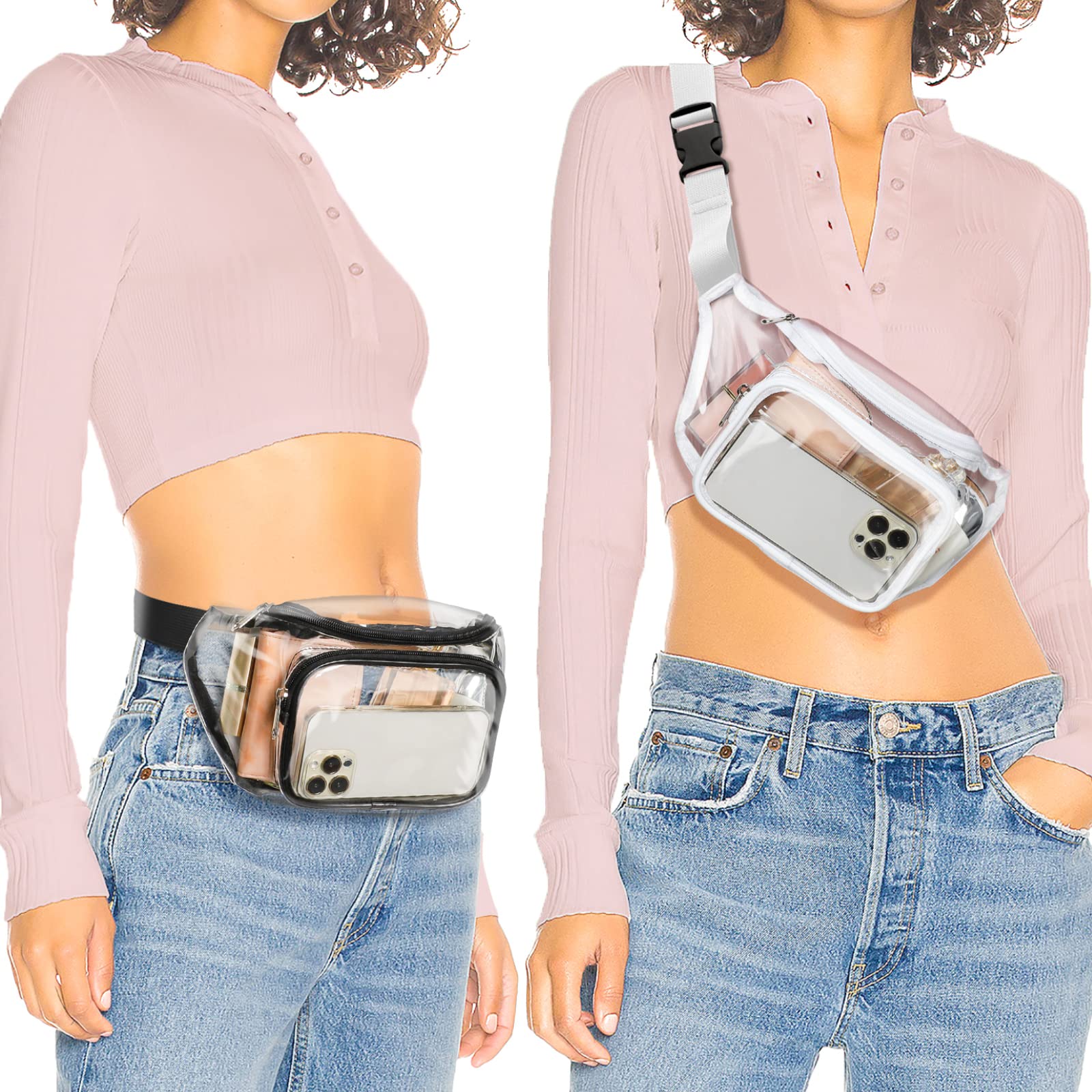 Veckle 2 Pack Clear Fanny Pack - Adjustable Waist Bag for Women & Men | Stadium Approved Transparent Belt Bag | Perfect for Sports Events, Travel, Beach & Concerts | Black + White | Hands-Free Convenience for Running, Shopping & Outdoor Activities