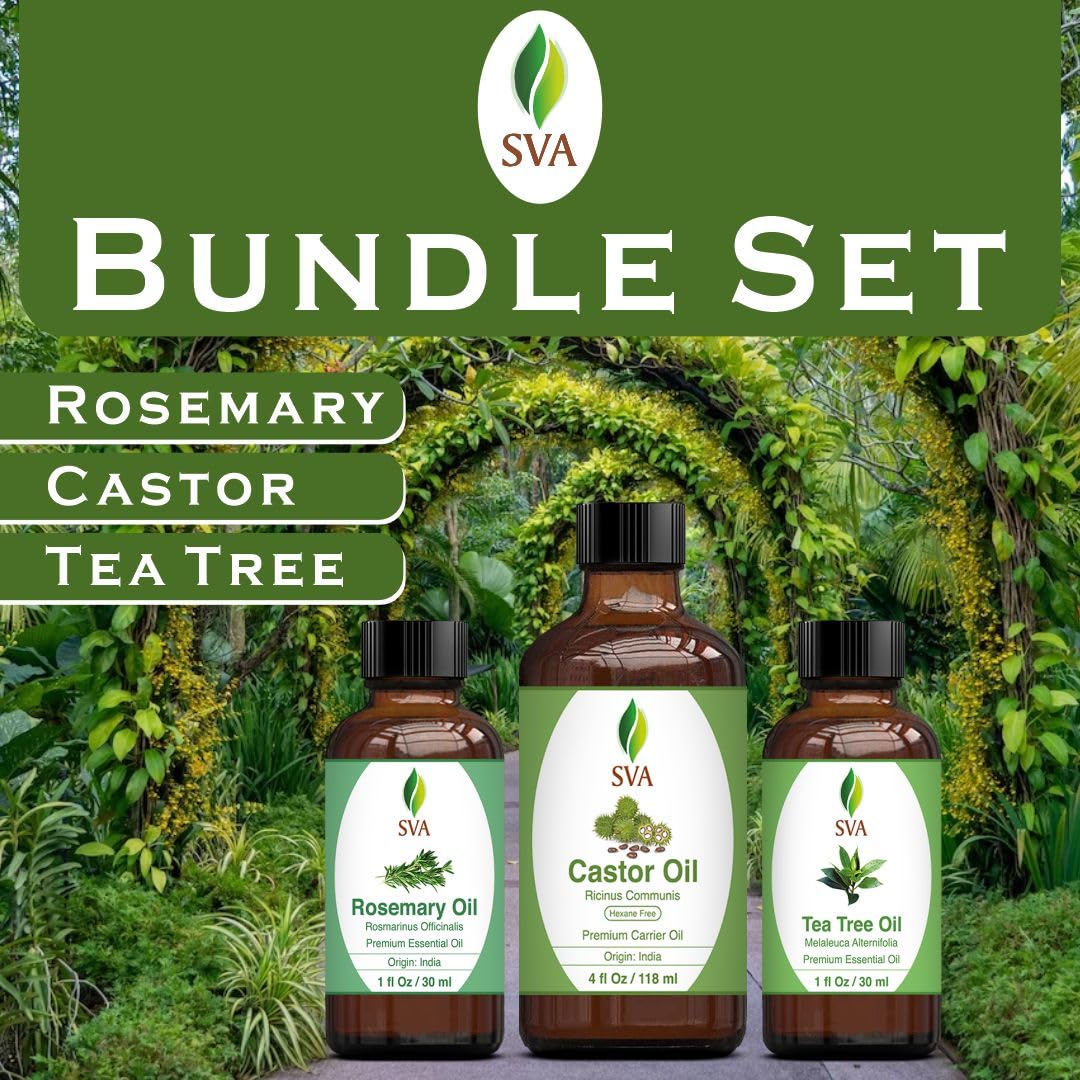 Premium SVA Castor Oil 4oz + Tea Tree & Rosemary Essential Oils 1oz Bundle - Hair Growth, Scalp Care & Skin Moisturizing Set - Perfect for DIY Hair Masks, Aromatherapy Diffusers & Relaxing Massage Therapy