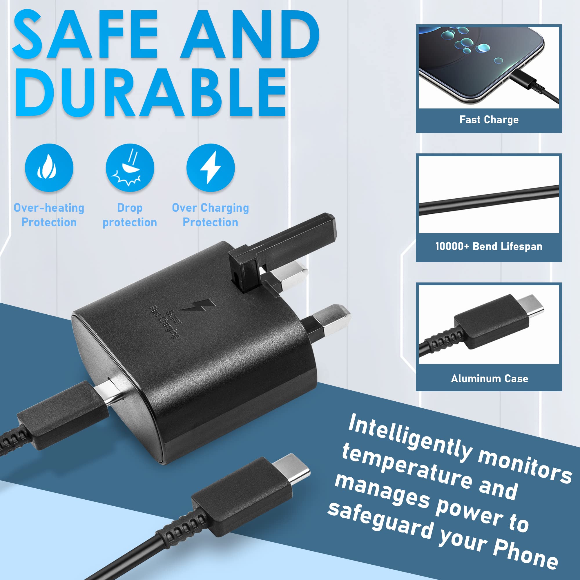 Chargeway 25W Fast Charger with 6FT USB-C Cable - Quick Charge for Samsung Galaxy S23/S22/S21, Note 20, A Series & USB-C Devices - Perfect for Travel, Office & Home Charging