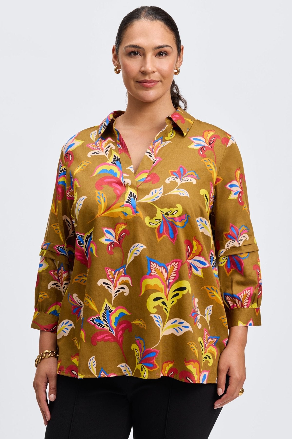 Frankie Plus Stylish Floral Print Long Sleeve Popover Shirt for Women | Elegant Blouse for Work, Date Night & Spring Outfits | Comfortable & Fashionable Top