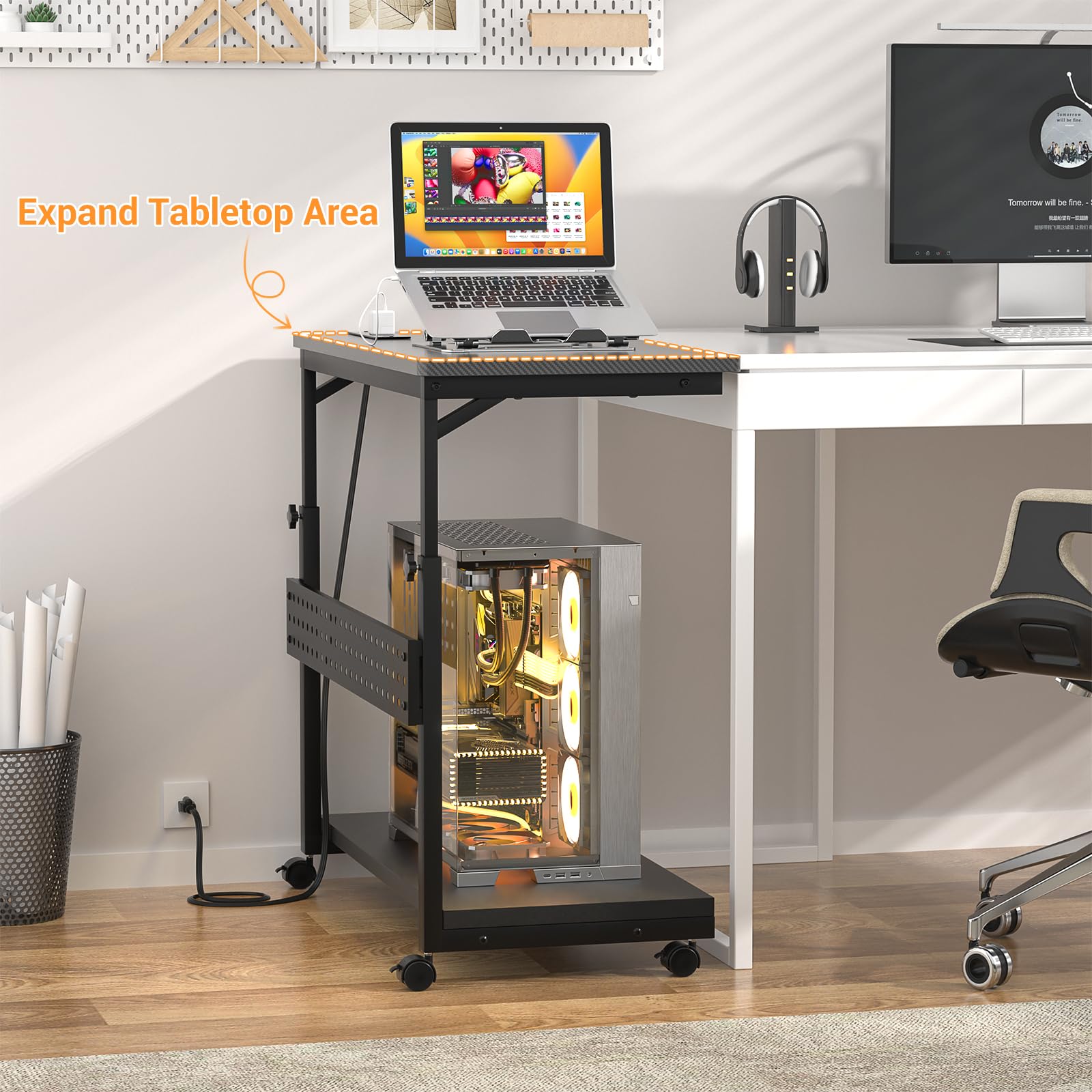 Adjustable Height Rolling Computer Tower Stand with Power Strips - 32