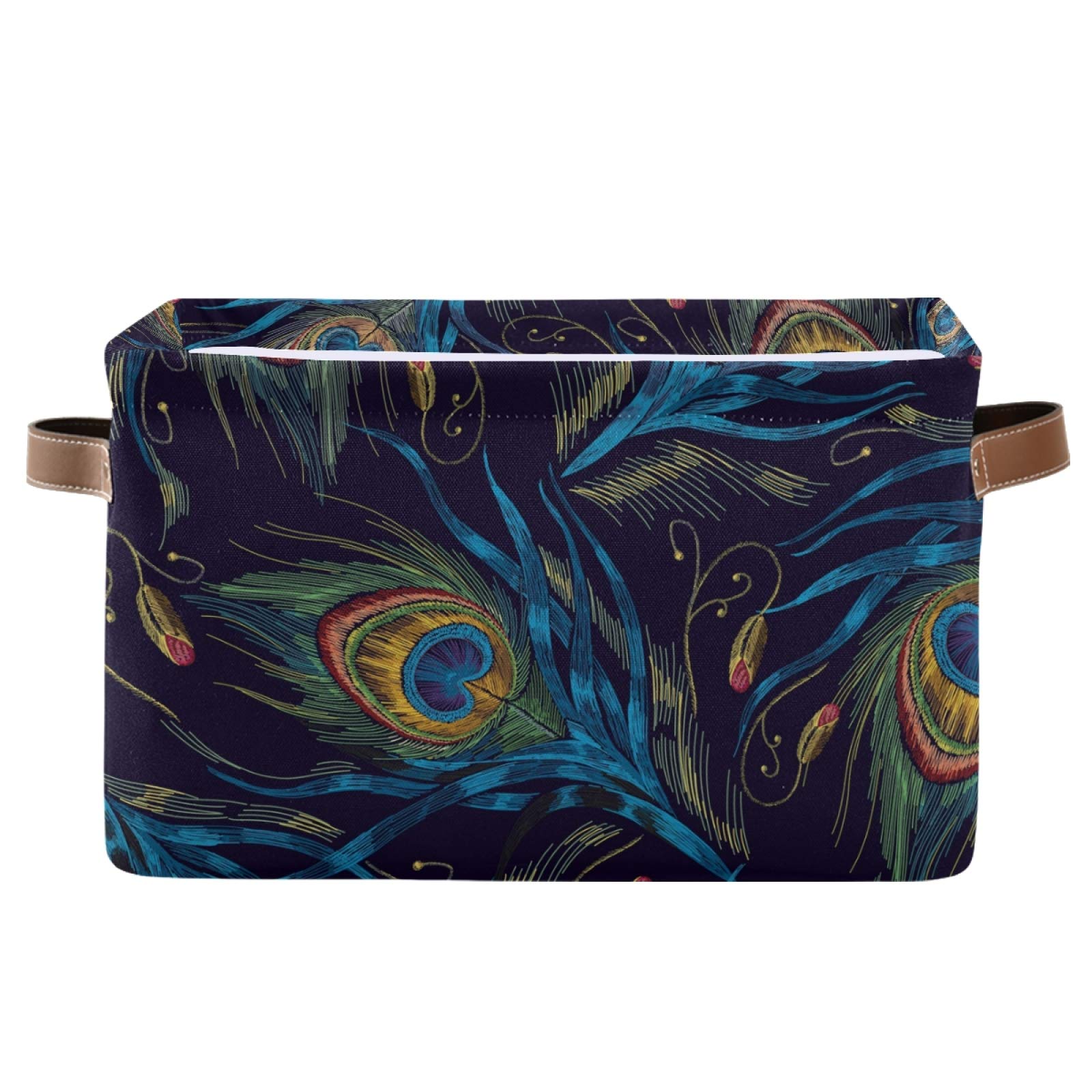 Foldable Fabric Storage Bins with Handles - Large Peacock Feather Pattern Storage Baskets for Closet, Shelves, Toys & Clothes Organization | Perfect for Bedroom, Nursery & Home Decor