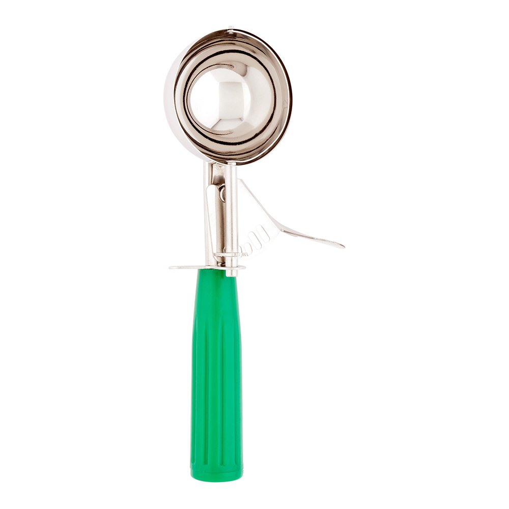 Restaurantware Met Lux 3.25oz Stainless Steel Portion Scoop with Trigger Release & Green Handle - Perfect for Cookie Dough, Cupcake Batter, Ice Cream Portion Control - Ideal for Baking, Catering & Commercial Kitchen Use