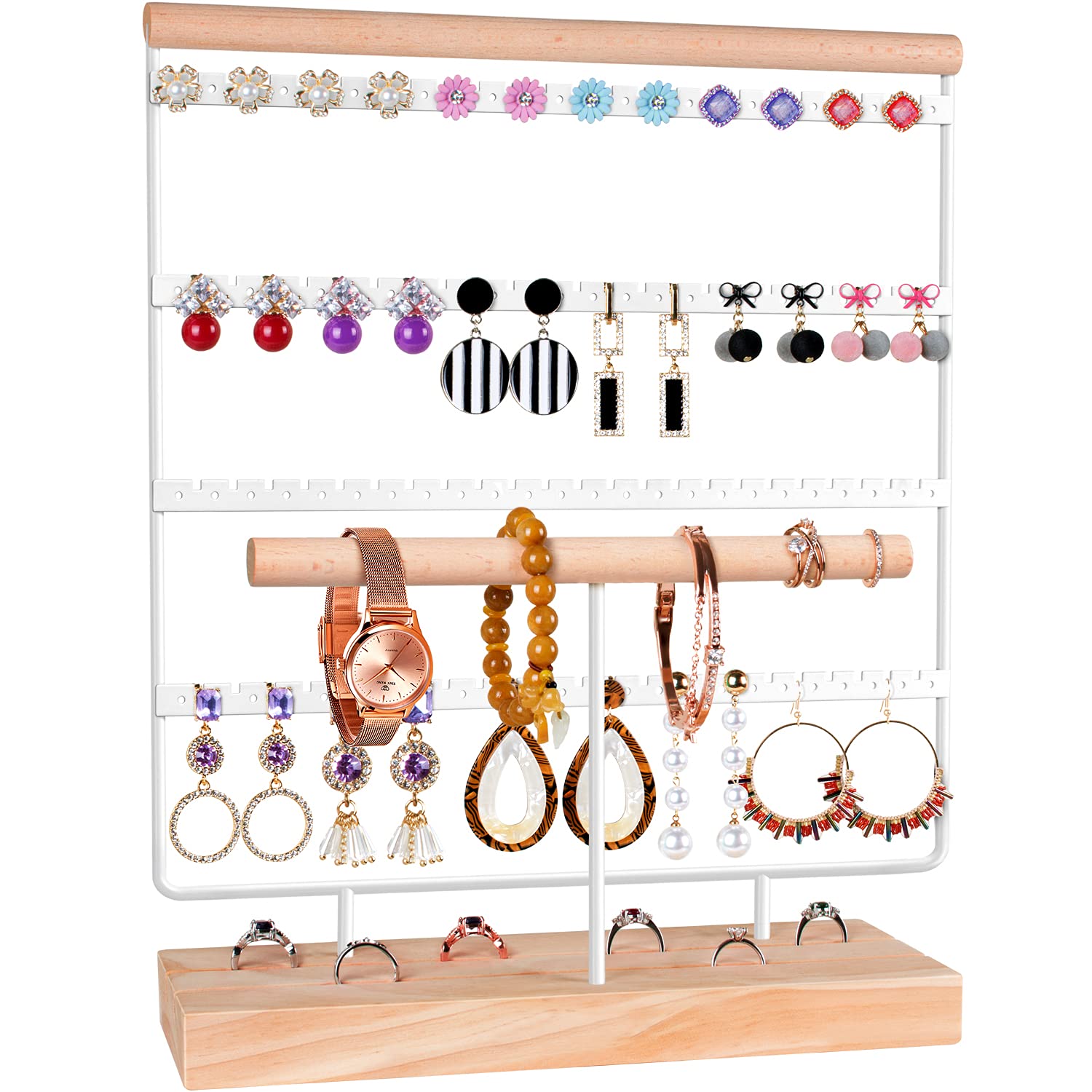 AJINGSHANG 4-Tier Jewelry Organizer Stand with 96 Earring Holes & Wooden Base - Perfect for Earrings, Bracelets, Rings & Watches Storage - Elegant White Display for Bedroom, Dresser & Vanity