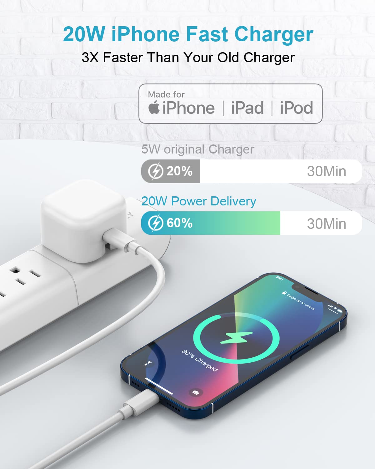 HOSOW 20W USB C Fast Charger with MFi Certified USB C to Lightning Cable (2M) - Compatible with iPhone 13/12/11 Pro Max/Mini/XS/XR/X/SE/8 & iPad - Perfect for Home, Office & Travel Charging