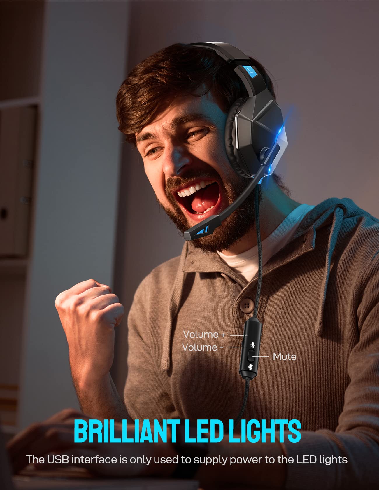 Premium Gaming Headset with Noise Cancelling Mic - Wired Over-Ear Headphones for PC, PS4, PS5, Xbox One & Nintendo Switch - Stereo Bass Surround Sound, LED Lights & Memory Foam Earmuffs - Perfect for Esports, Streaming & Late-Night Gaming Sessions