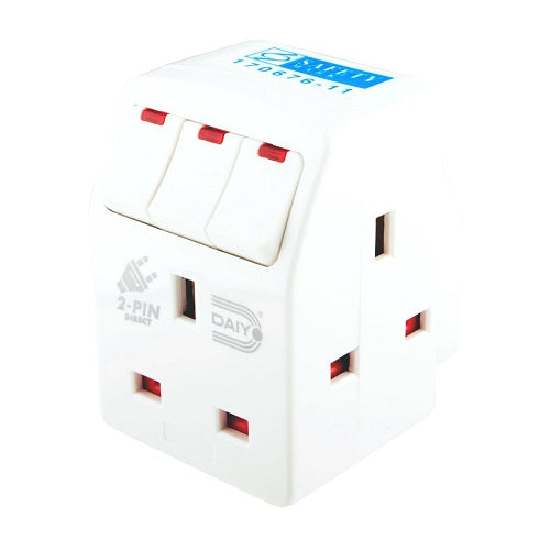 3-Way Multi Plug Adapter with On/Off Switch & Neon Indicator - Ideal for Home, Office, and Travel Use (DE 291)