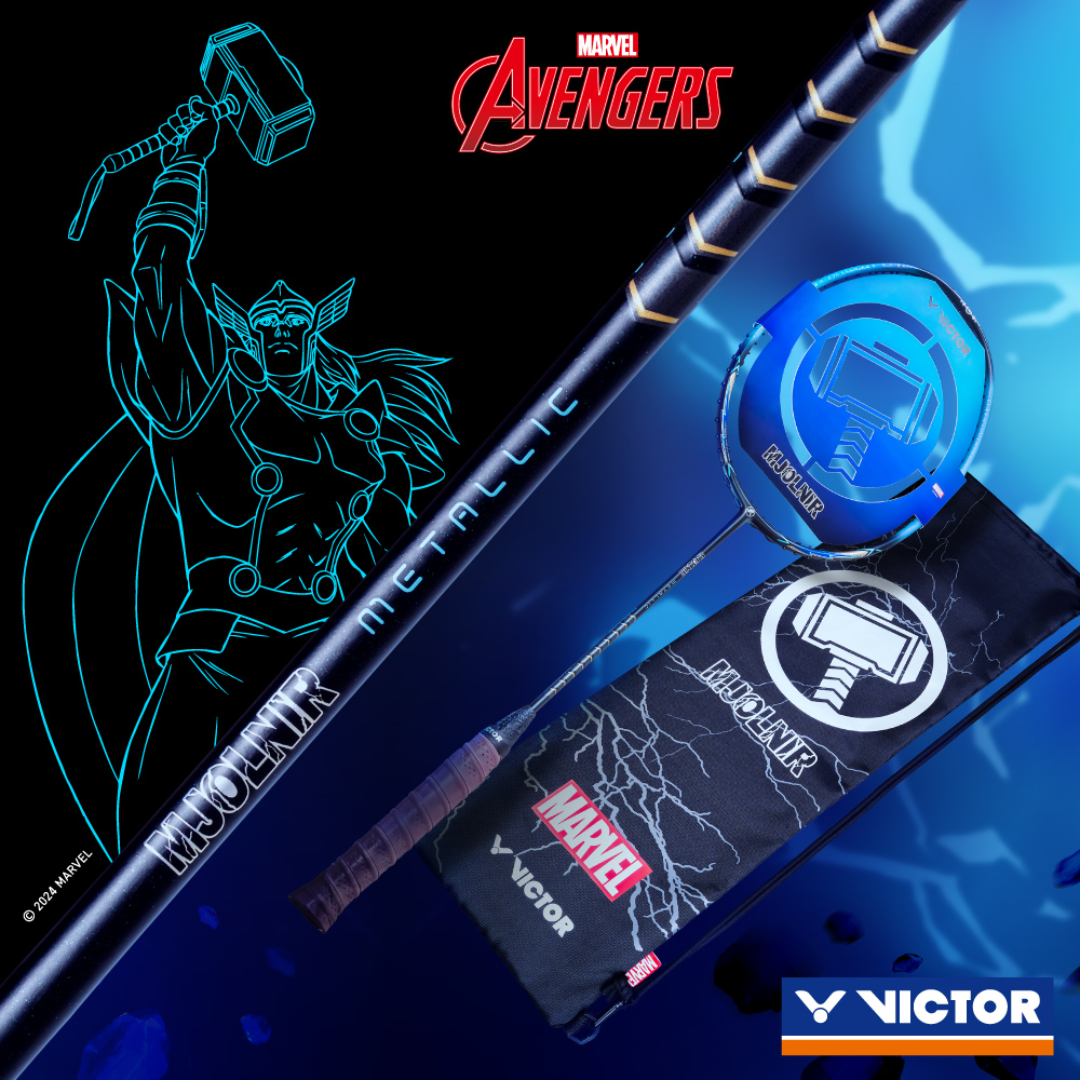 Victor X Marvel Mjolnir Metallic Limited Edition Badminton Racket - Premium Lightweight Carbon Fiber Shuttlecock Racket for Professional & Recreational Players - Perfect for Tournaments, Training & Backyard Games