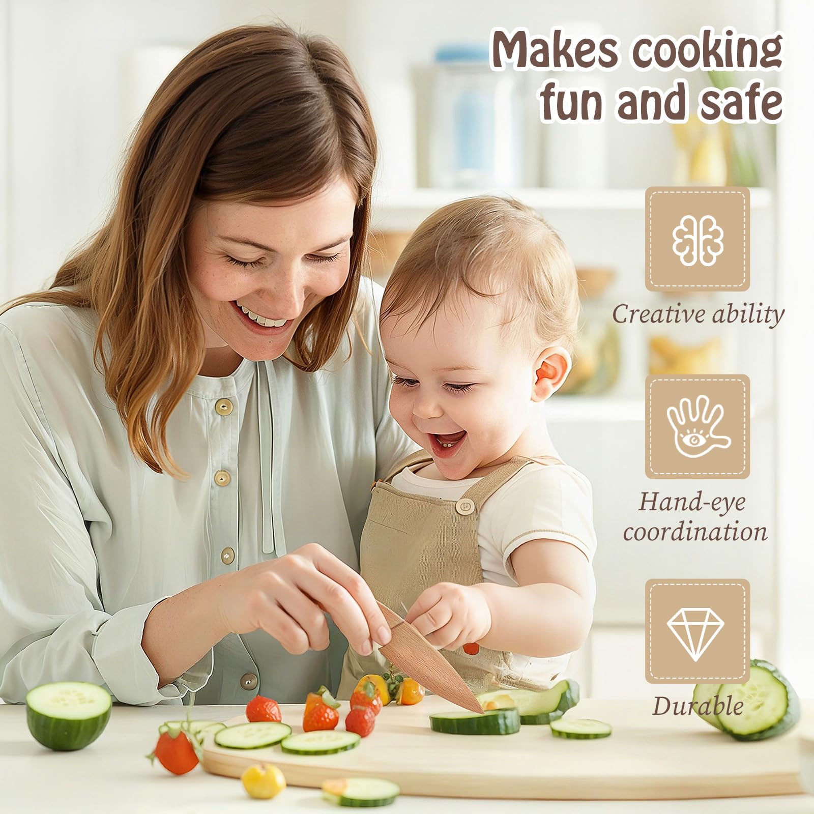 **Wooden Kids Cooking & Baking Set – 14 PCS Montessori Kitchen Tools for Toddlers | Safe Wooden Knife, Cutting Board, Apron & Rolling Pin | Food-Grade Materials for Pretend Play & Real Cooking**    *(Use for Montessori learning, pretend play, baking activities, and early culinary skill development!)*