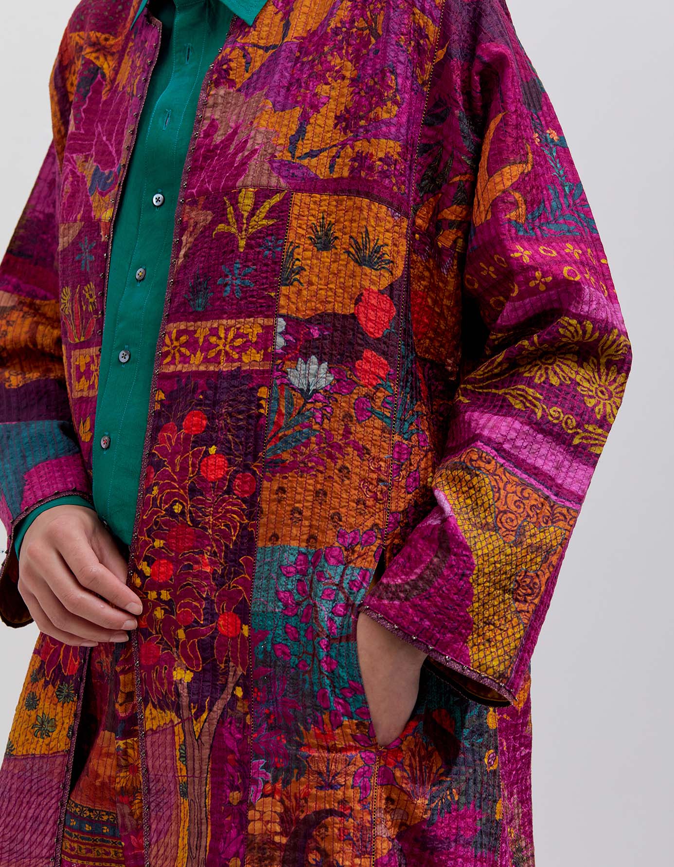 Quilted Purple Panchatantra Silk Check Dhagai Jacket for Women - Elegant Winter Outerwear for Casual Wear & Special Occasions