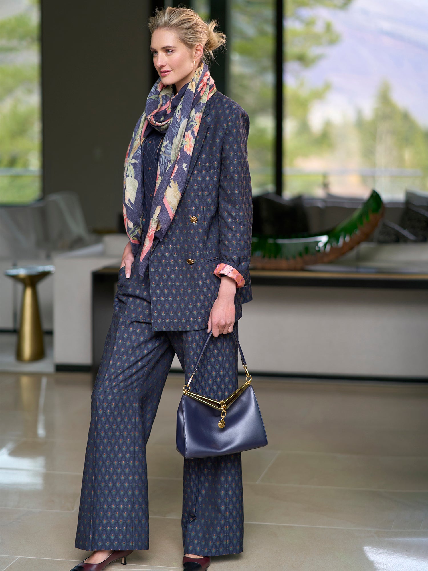Remi Floral Jacquard Pants for Women - Elegant High Waist Palazzo Trousers for Casual Wear, Office & Special Occasions