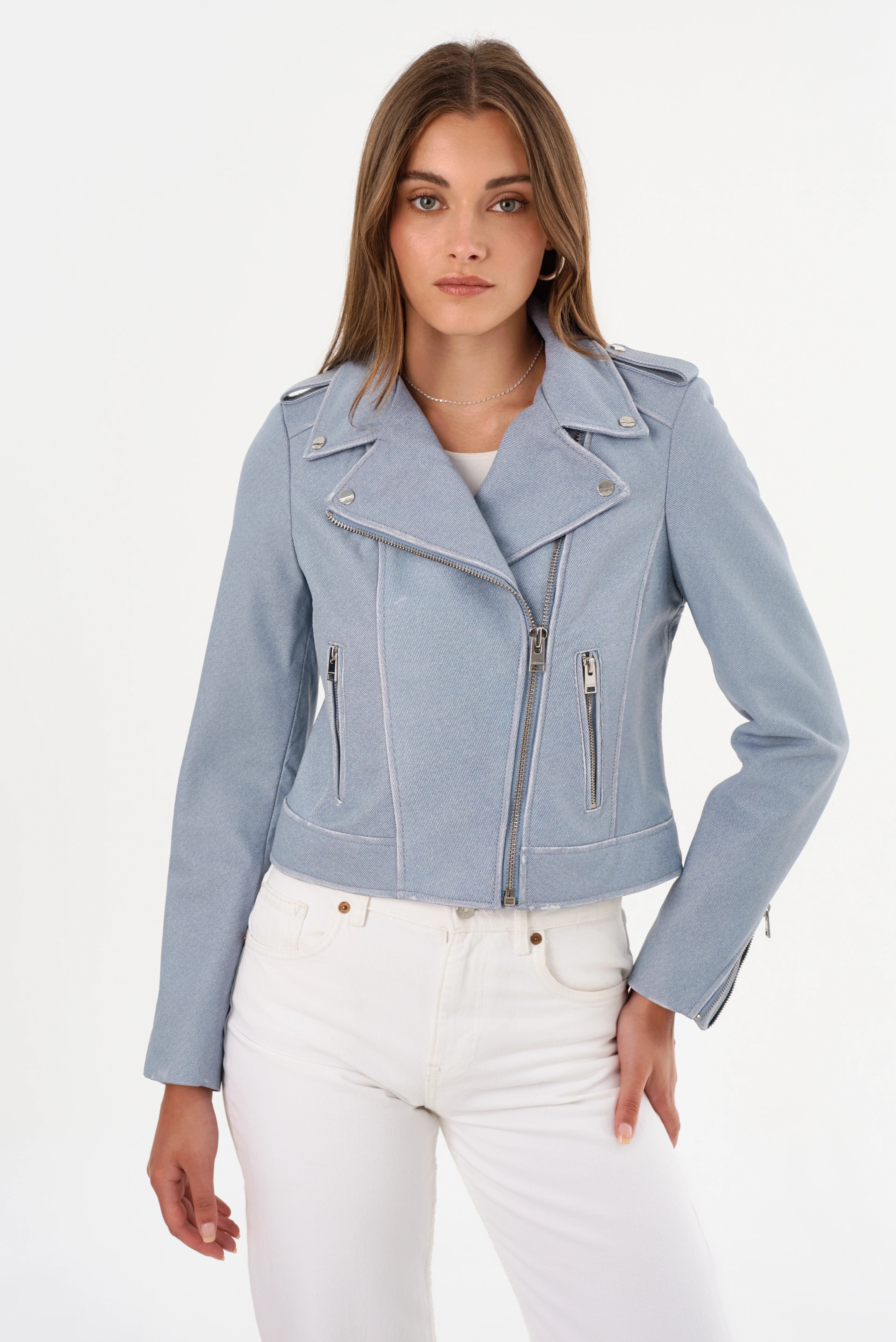 Women's Light Blue Denim Leather Biker Jacket - Stylish Motorcycle Outerwear for Casual Wear & Night Out