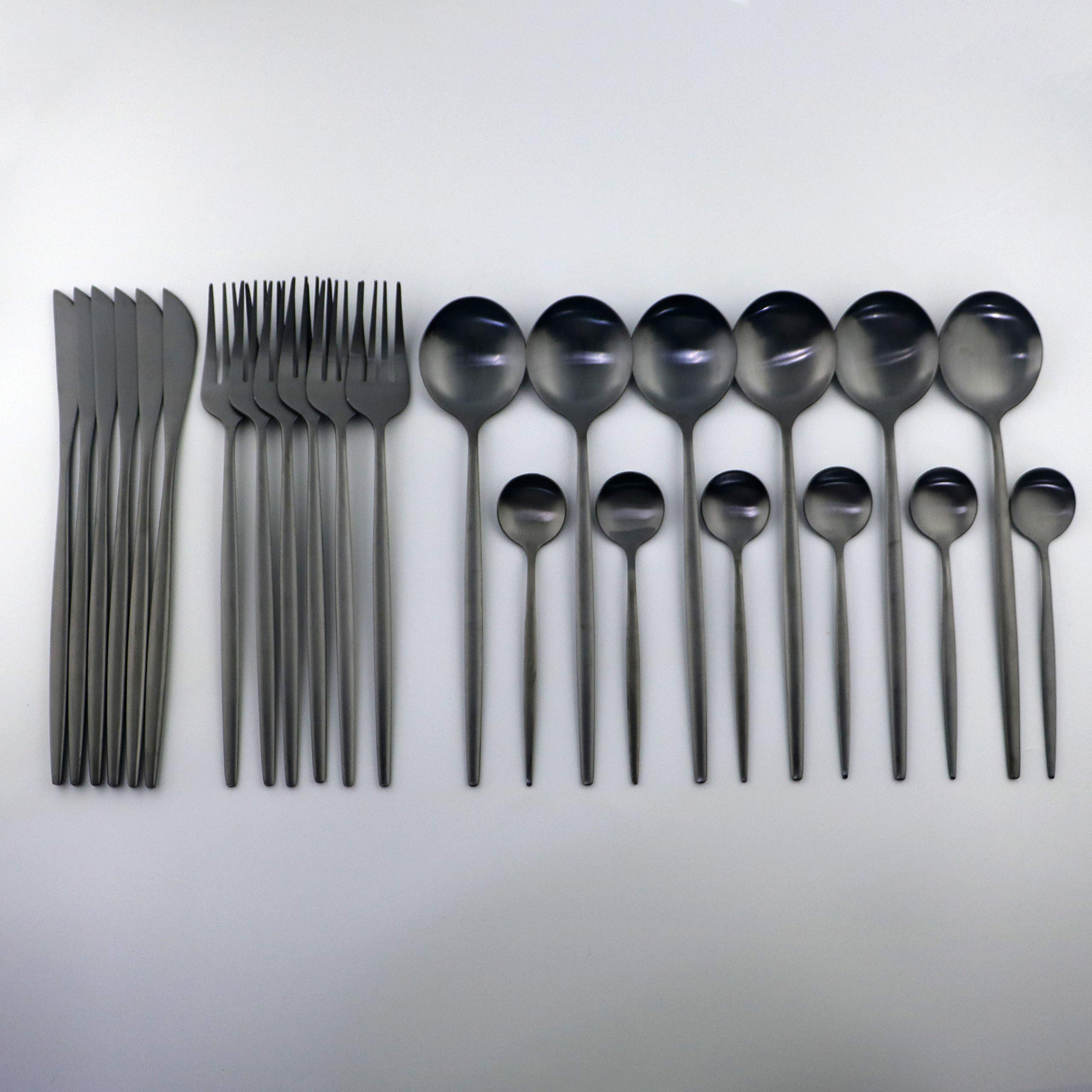 Premium 24-Piece 304 Stainless Steel Flatware Set - Matte Black Silverware for 6, Durable Satin Finish Cutlery Set for Home & Restaurant Use | Elegant Dining Utensils for Dinner Parties, Weddings & Daily Meals