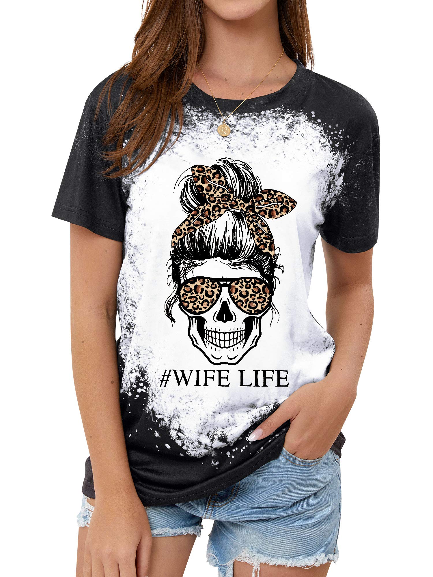 StarVnc Vintage Bleached Graphic Tees for Women - Skull & Messy Bun Mom T-Shirts | Casual Wear, Street Style, Gift Ideas