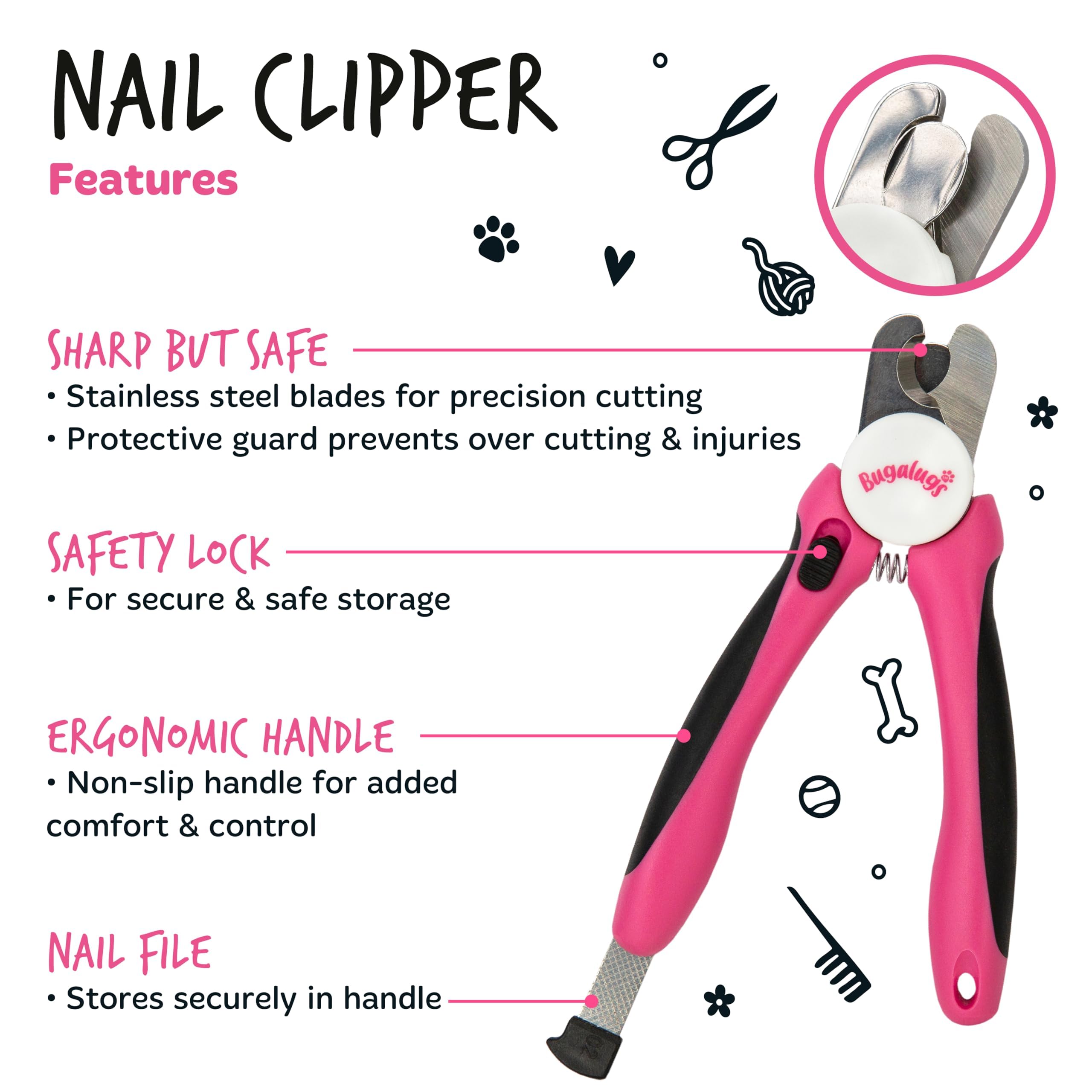 BUGALUGS Dog & Cat Nail Clippers with Safety Guard - Professional Pet Nail Trimmer & File for Dogs, Cats, Puppies & Kittens - Medium to Large Pet Grooming Supplies for Safe At-Home Nail Care