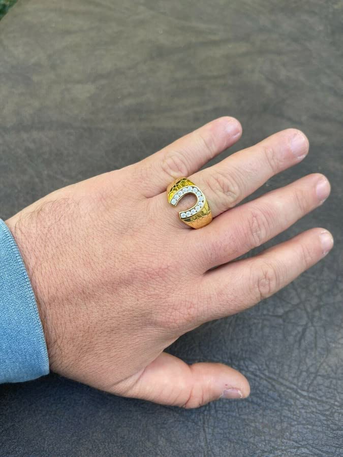 14k Gold Vermeil & 925 Sterling Silver Moissanite Lucky Horseshoe Ring for Men - 0.6ct Iced Real Moissanite GRA Certified - Hip Hop Pinky Ring or Statement Finger Jewelry - Perfect for Gifts, Weddings & Everyday Wear