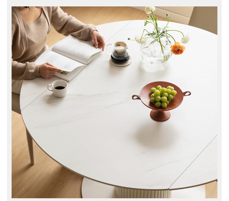 Solid Oak Wood Round Extendable Dining Table with Rock Plate Design - Cream Finish for Modern Dining Room & Kitchen Decor