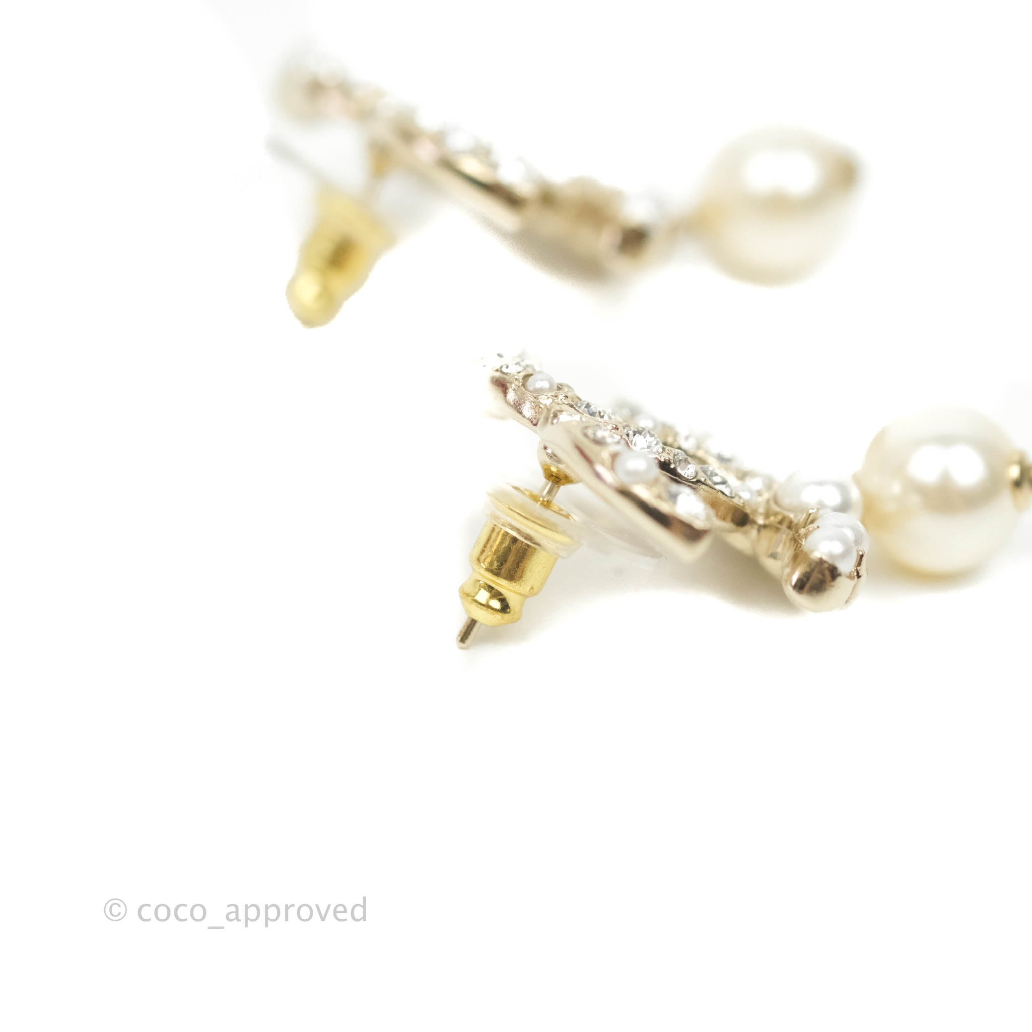Chanel CC Rhinestone Pearl Drop Earrings in Gold Tone - Elegant Dangle Earrings for Women, Perfect for Parties, Weddings & Special Occasions
