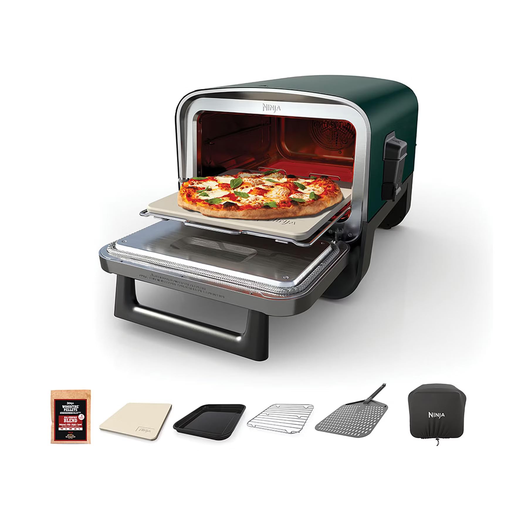 Ninja Woodfire 8-in-1 Outdoor Grill & Smoker with Pizza Oven - 5 Pizza Settings, Green - Perfect for Backyard BBQs, Camping & Outdoor Cooking