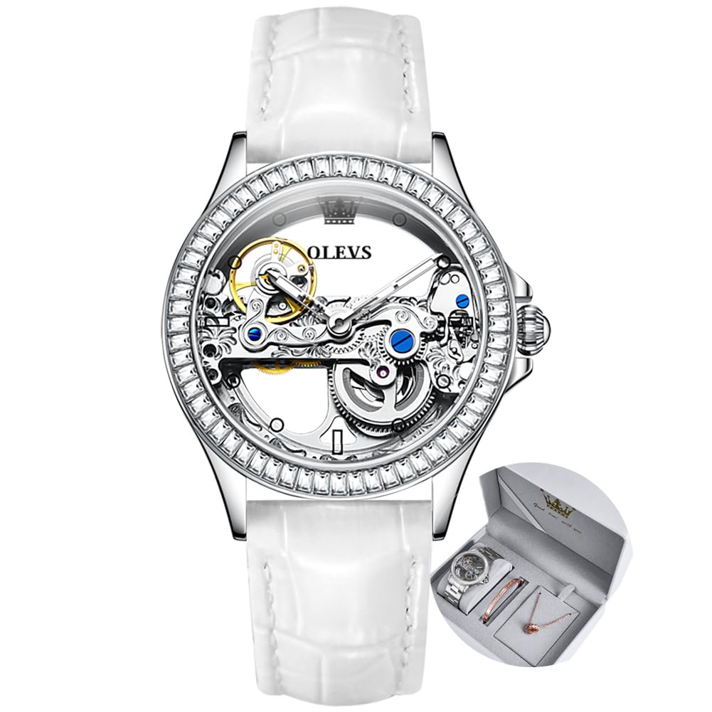 OLEVS Women's Luxury Skeleton Automatic Mechanical Watch - Silver Dress Watch with Waterproof & Luminous Features - Perfect Gift Set for Formal Occasions, Business Meetings & Special Events