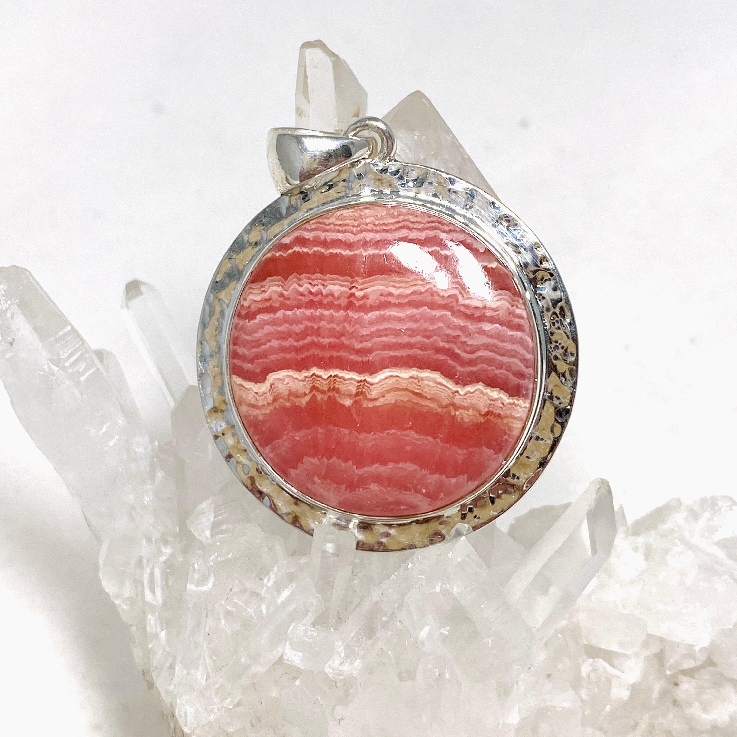 Rhodochrosite Round Pendant Necklace - Hammered Sterling Silver Setting KPGJ4321 | Healing Crystal Jewelry for Meditation & Energy Balancing