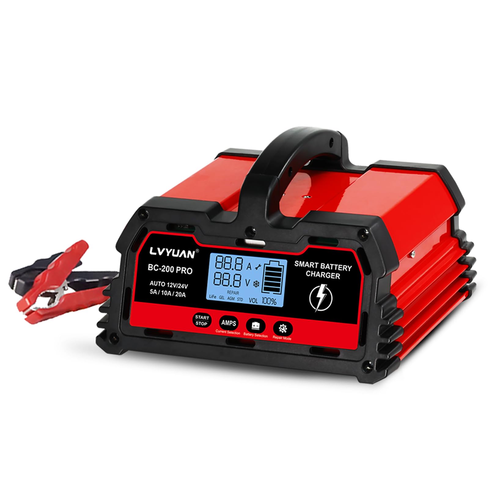 LVYUAN 12V/24V Smart Car Battery Charger & Maintainer - 5A/10A/20A Automotive Charger for AGM, LiFePO4 Lithium & Lead Acid Batteries - Perfect for Cars, Trucks, Motorcycles, RVs & Seasonal Vehicle Storage