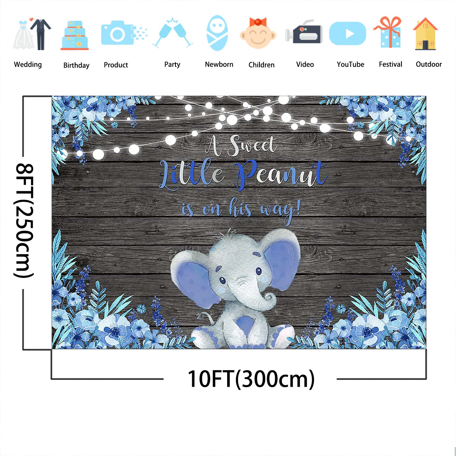 Blue Elephant Baby Shower Backdrop - Rustic Floral Boys Elephant Theme for Photoshoot Decorations (10x8ft) | Perfect for Gender Reveal, Newborn Photos & Nursery Wall Decor