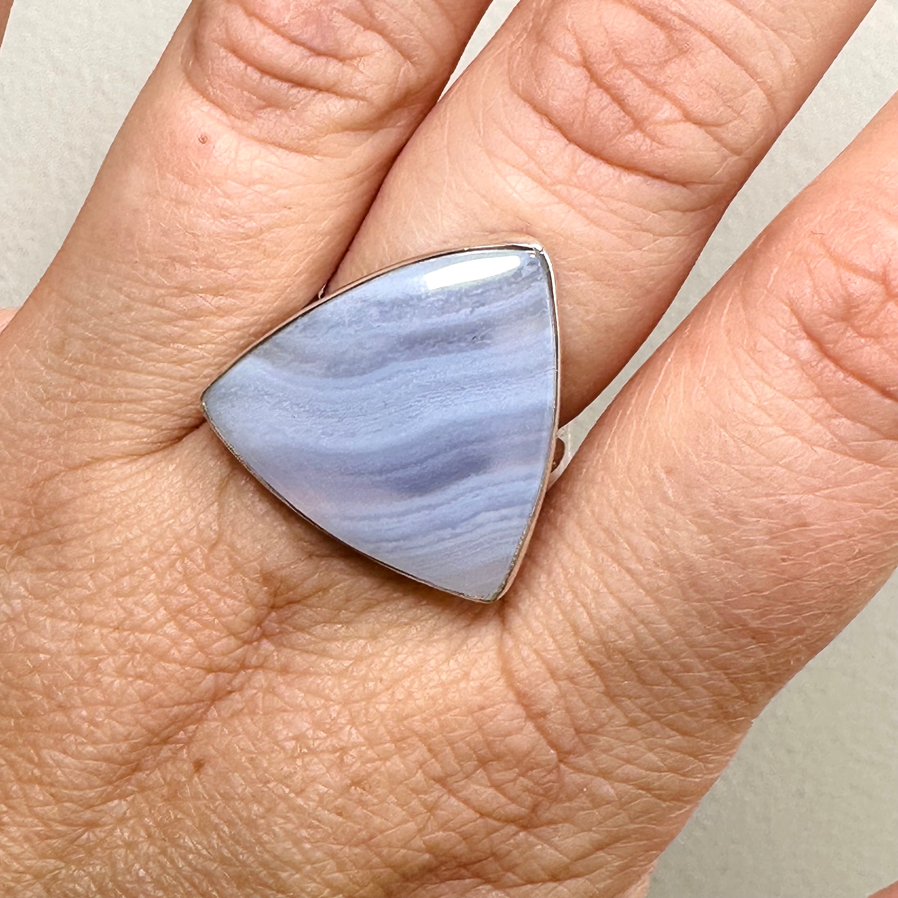 Blue Lace Agate Triangular Cabochon Ring - Size 8 - KRGJ3383 - Perfect for Boho Jewelry & Spiritual Healing