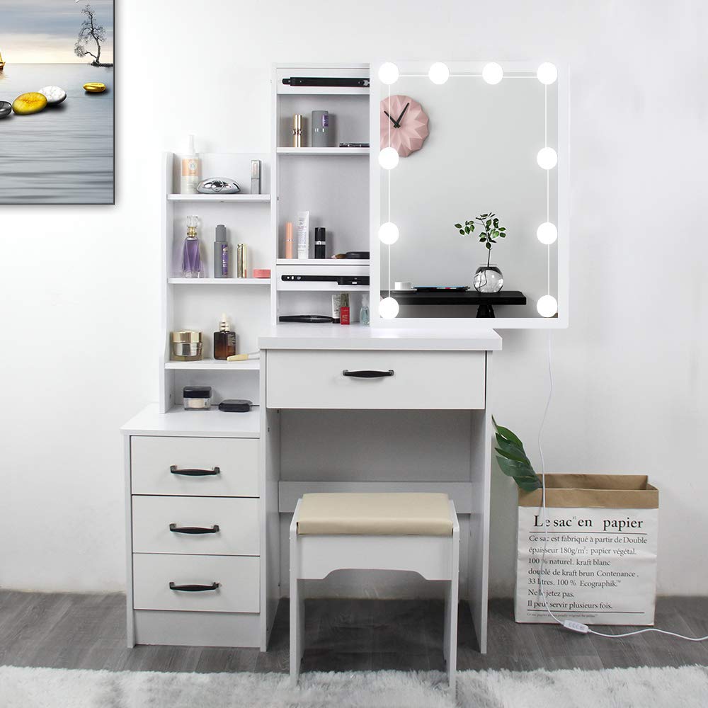 JBLCC White Vanity Dressing Table Set with LED Lighted Mirror, Makeup Desk with 4 Storage Drawers & Stool - Perfect for Bedroom, Dorm Room, and Beauty Salon Organization